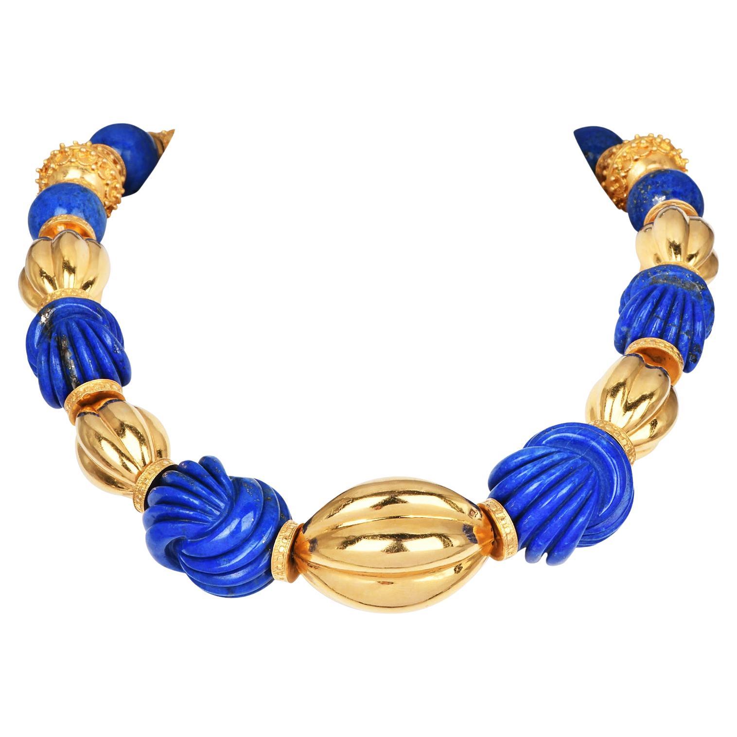 Vintage 1960s Carved Lapis Lazuli 18K Yellow Gold Large Choker Necklace