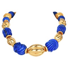 Vintage 1960s Carved Lapis Lazuli 18K Yellow Gold Large Choker Necklace