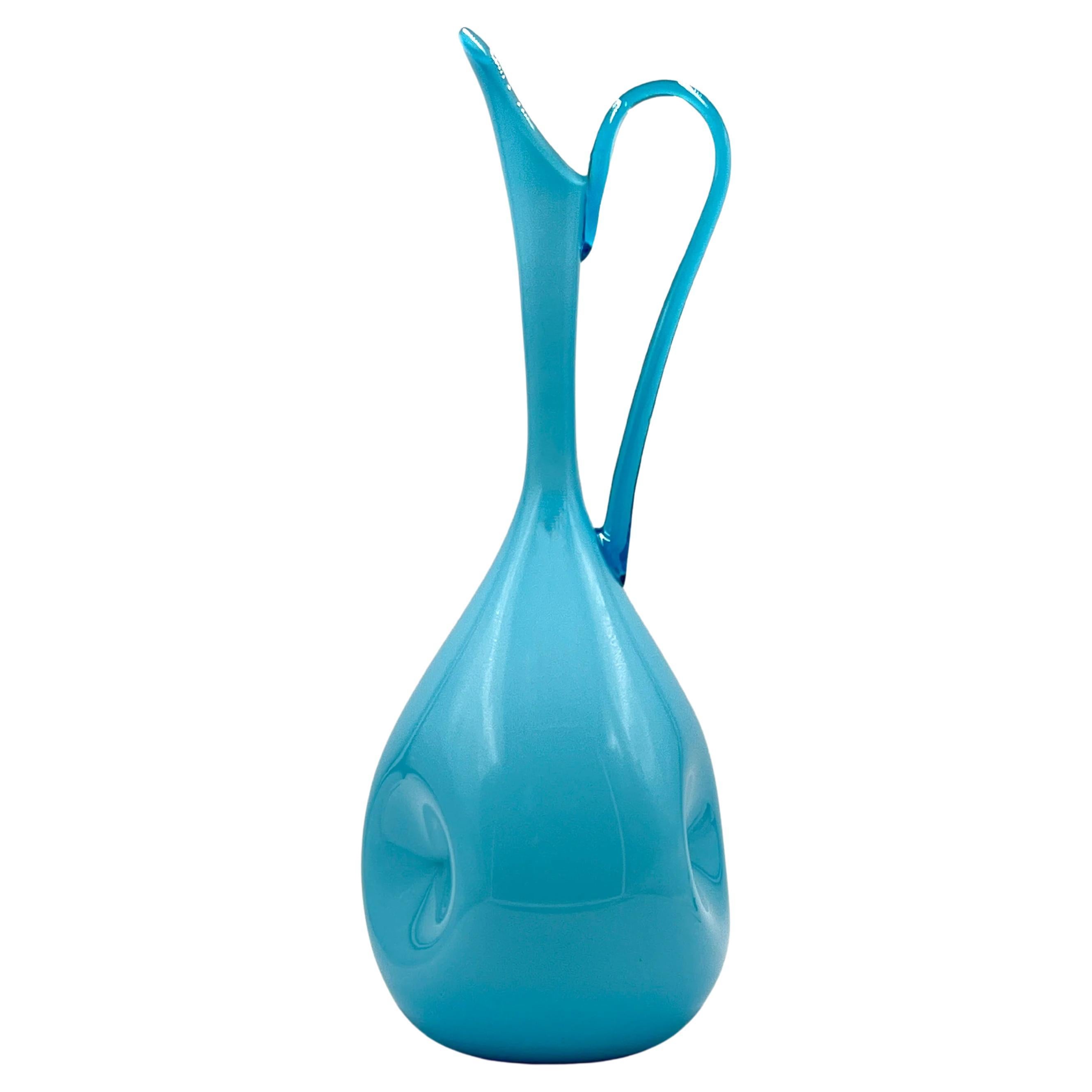Vintage 1960s Cased Glass 17.5" Pitcher, in Aqua Blue - Made in Empoli, Italy