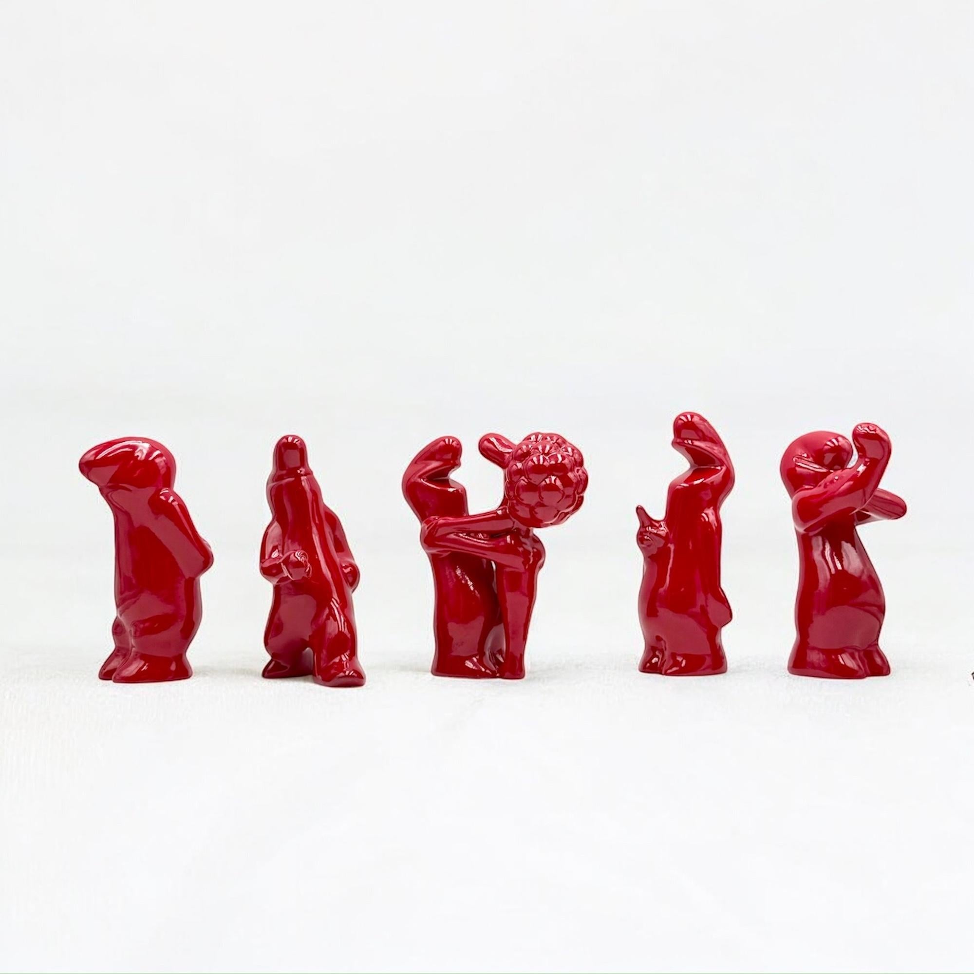 Ceramica Set di 5 statuette in ceramica 'La Linea' di Osvaldo Cavandoli in rosso, vintage anni '60 in vendita