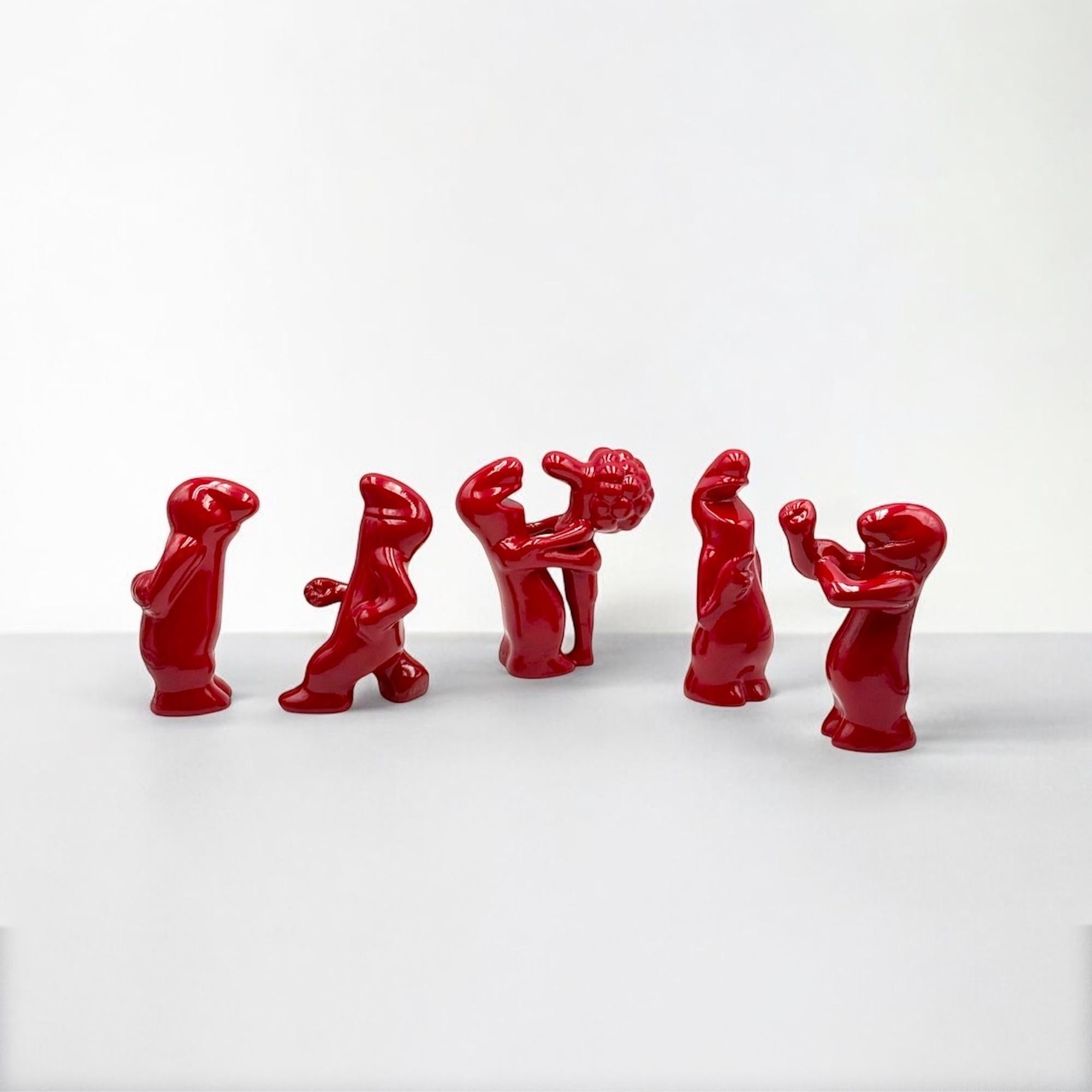 Set di 5 statuette in ceramica 'La Linea' di Osvaldo Cavandoli in rosso, vintage anni '60 in vendita 2