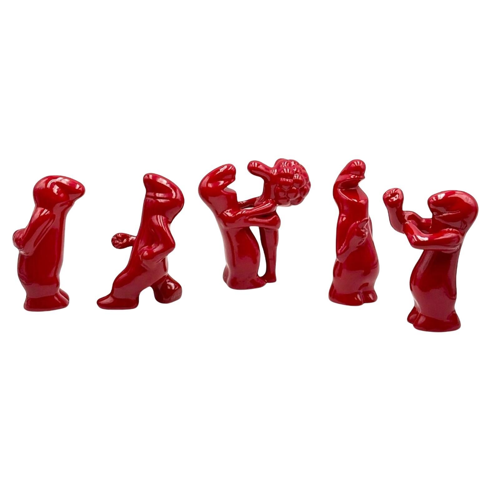 Vintage 1960s Ceramic Figurines 'La Linea' by Osvaldo Cavandoli in Red, Set of 5
