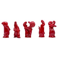 Vintage 1960s Ceramic Figurines 'La Linea' by Osvaldo Cavandoli in Red, Set of 5