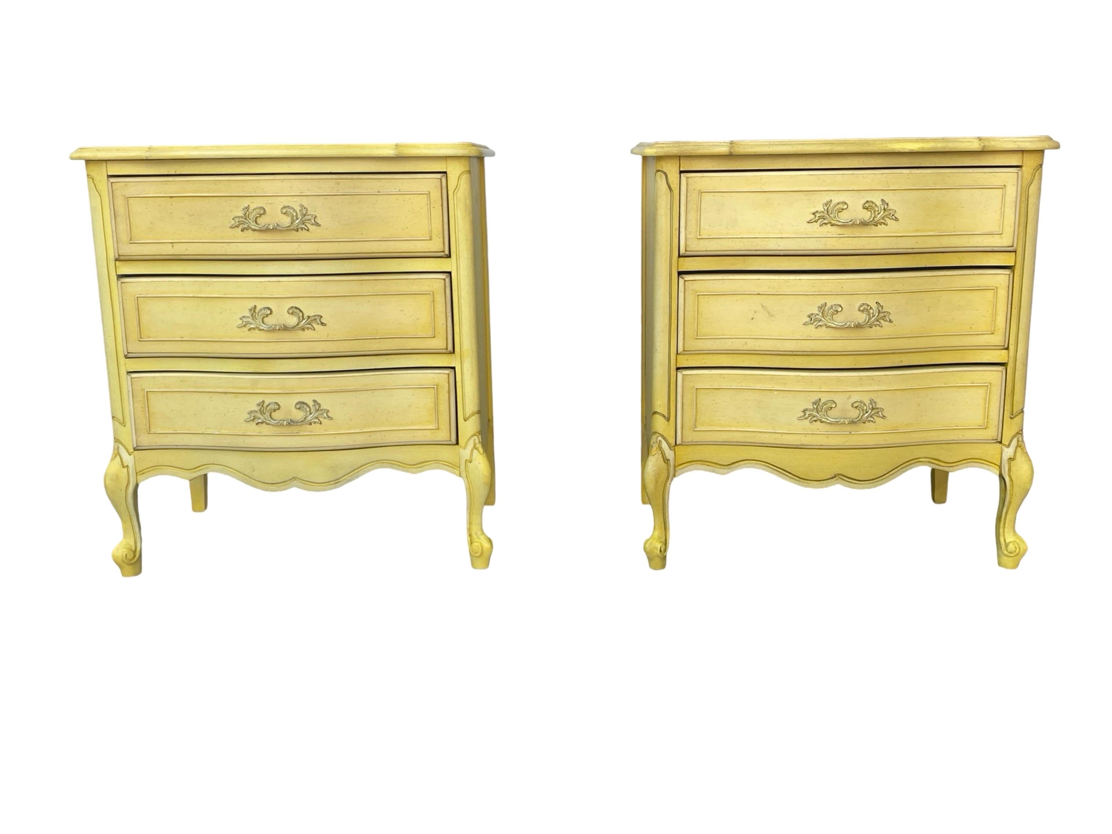 Wood Vintage 1960s  Chic French Regency Style Bright Yellow Pair of Nightstands
