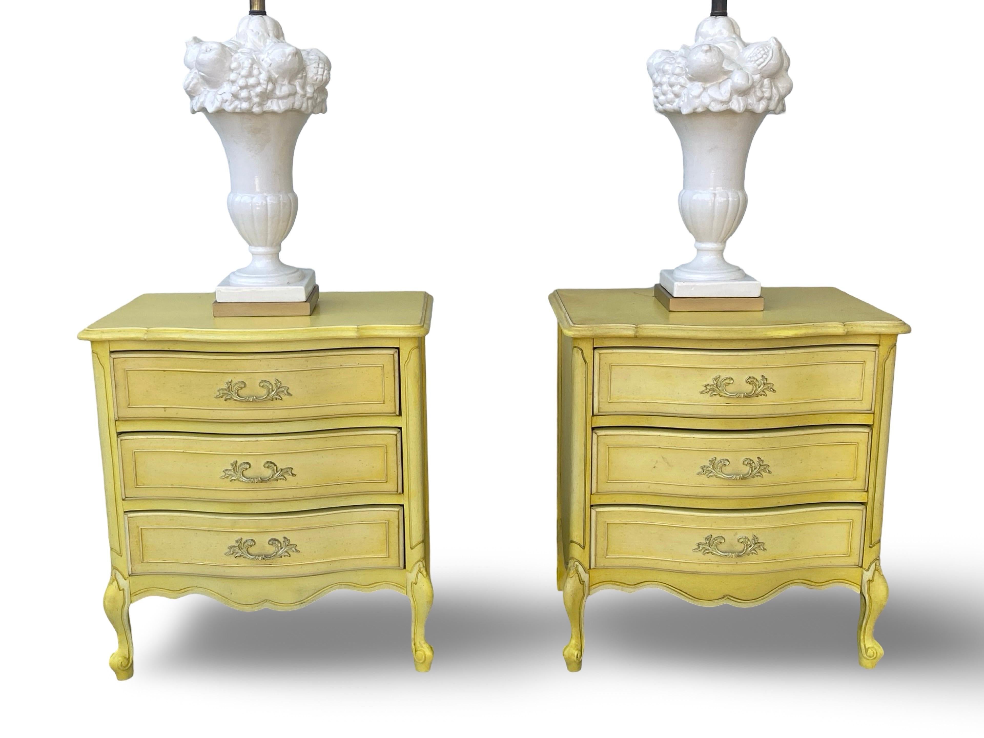 Vintage 1960s  Chic French Regency Style Bright Yellow Pair of Nightstands 1