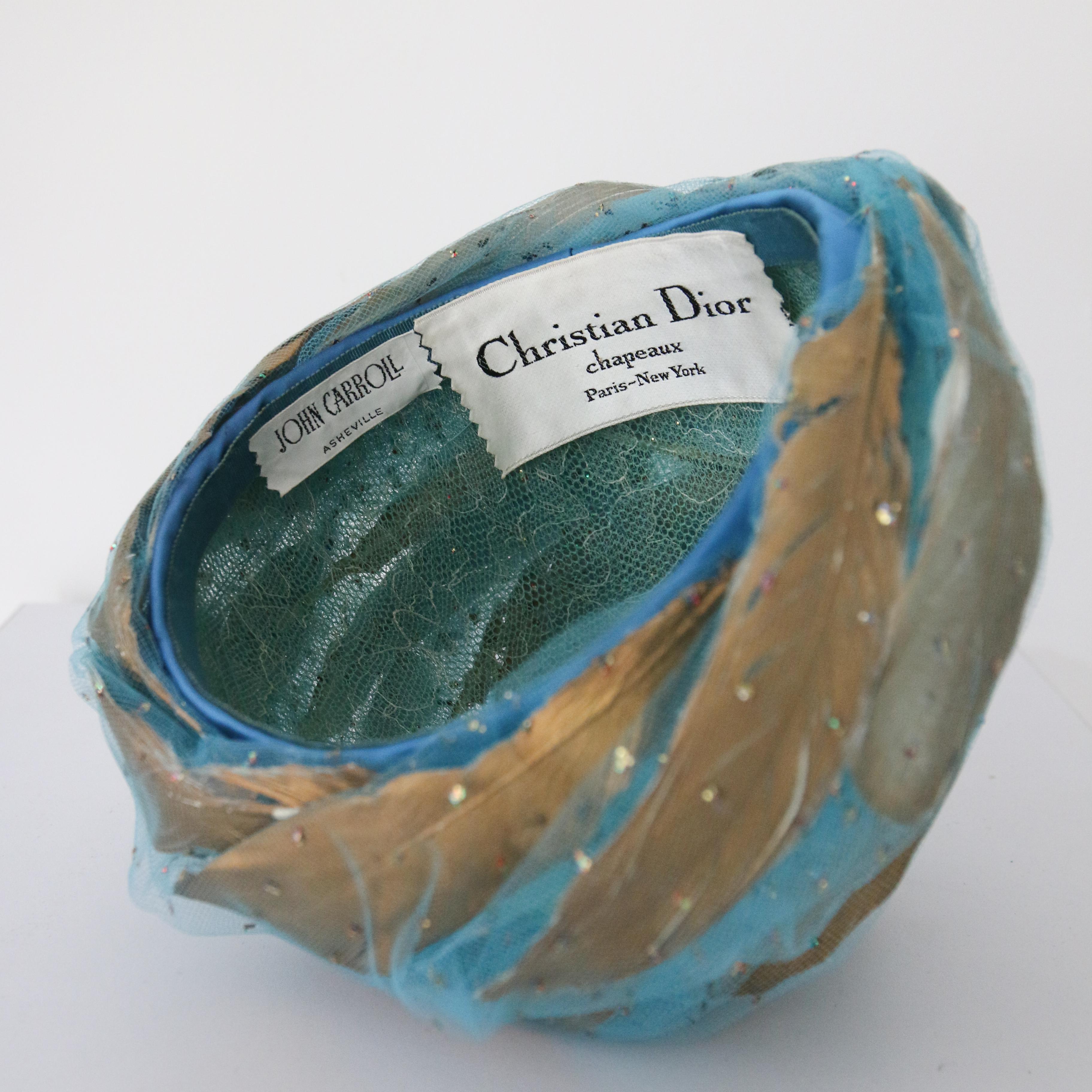 Vintage 1960's Christiain Dior Turquoise Tulle & Gold Turban Hat 5