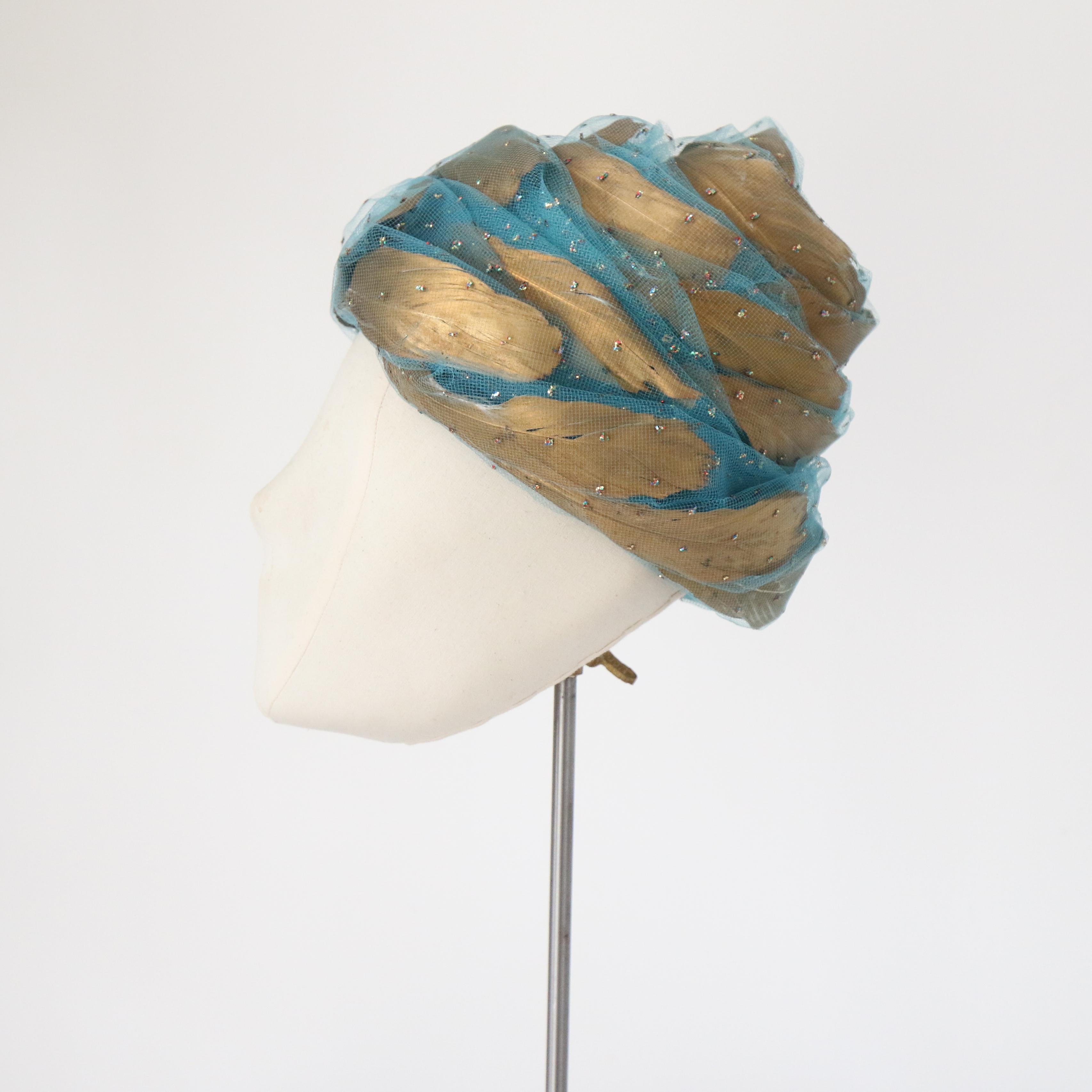 Gray Vintage 1960's Christiain Dior Turquoise Tulle & Gold Turban Hat For Sale