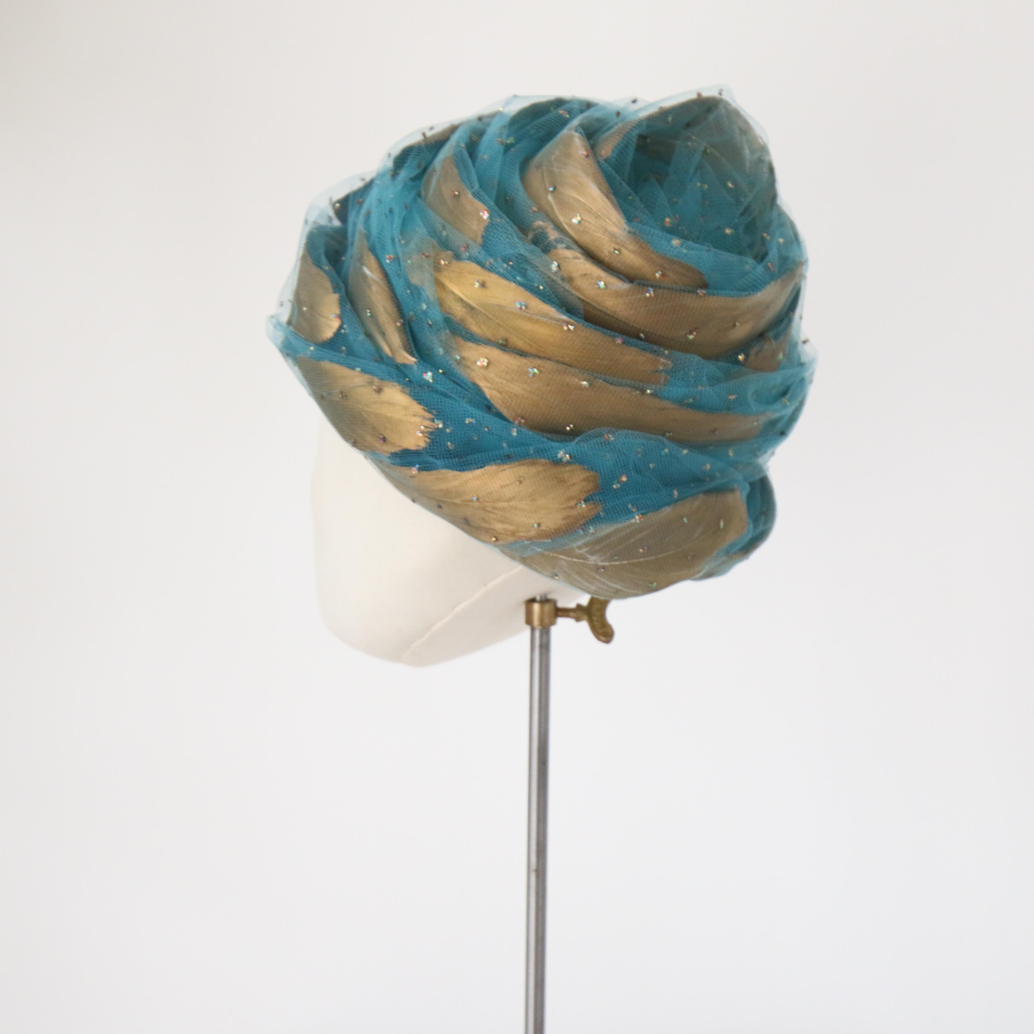 Vintage 1960's Christiain Dior Turquoise Tulle & Gold Turban Hat In Fair Condition For Sale In Cheltenham, GB