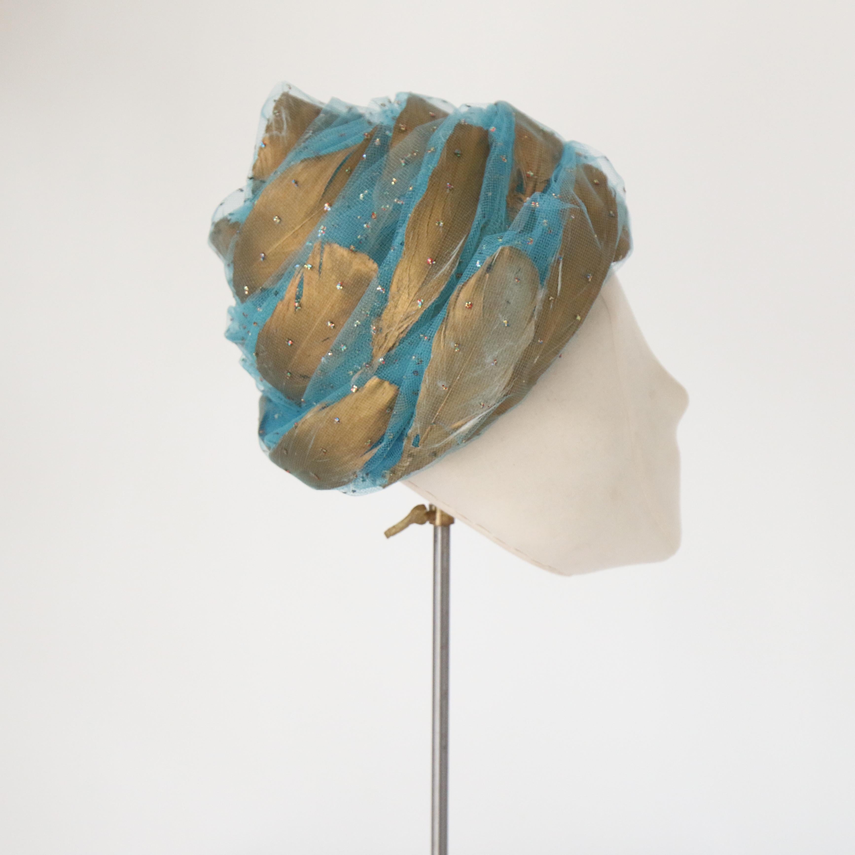 Vintage 1960's Christiain Dior Turquoise Tulle & Gold Turban Hat For Sale 2