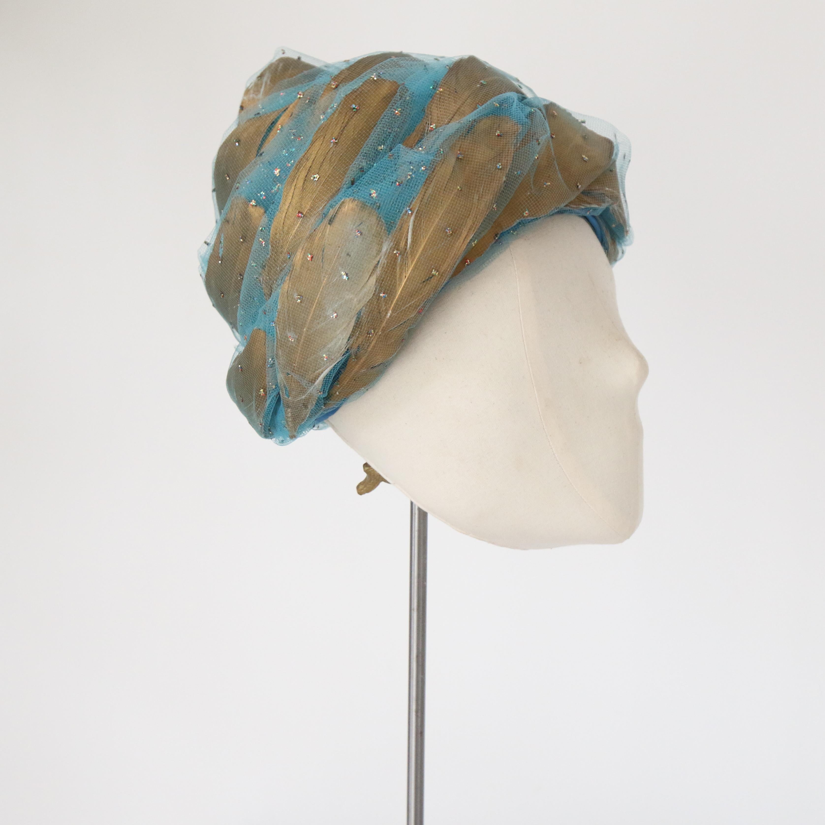 Vintage 1960's Christiain Dior Turquoise Tulle & Gold Turban Hat For Sale 3