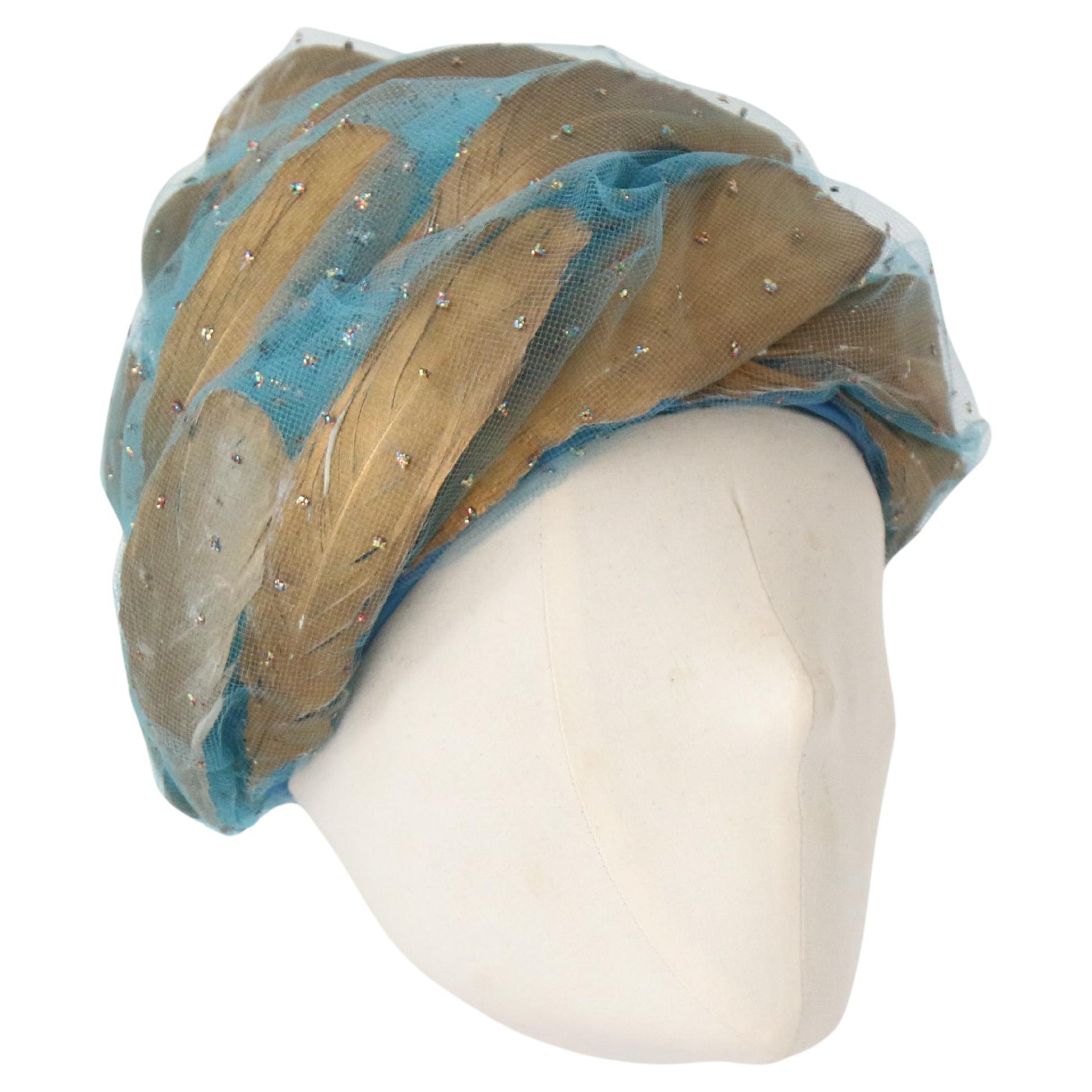 Vintage 1960's Christiain Dior Turquoise Tulle & Gold Turban Hat For Sale
