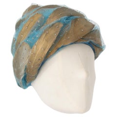 Vintage 1960's Christiain Dior Turquoise Tulle & Gold Turban Hat