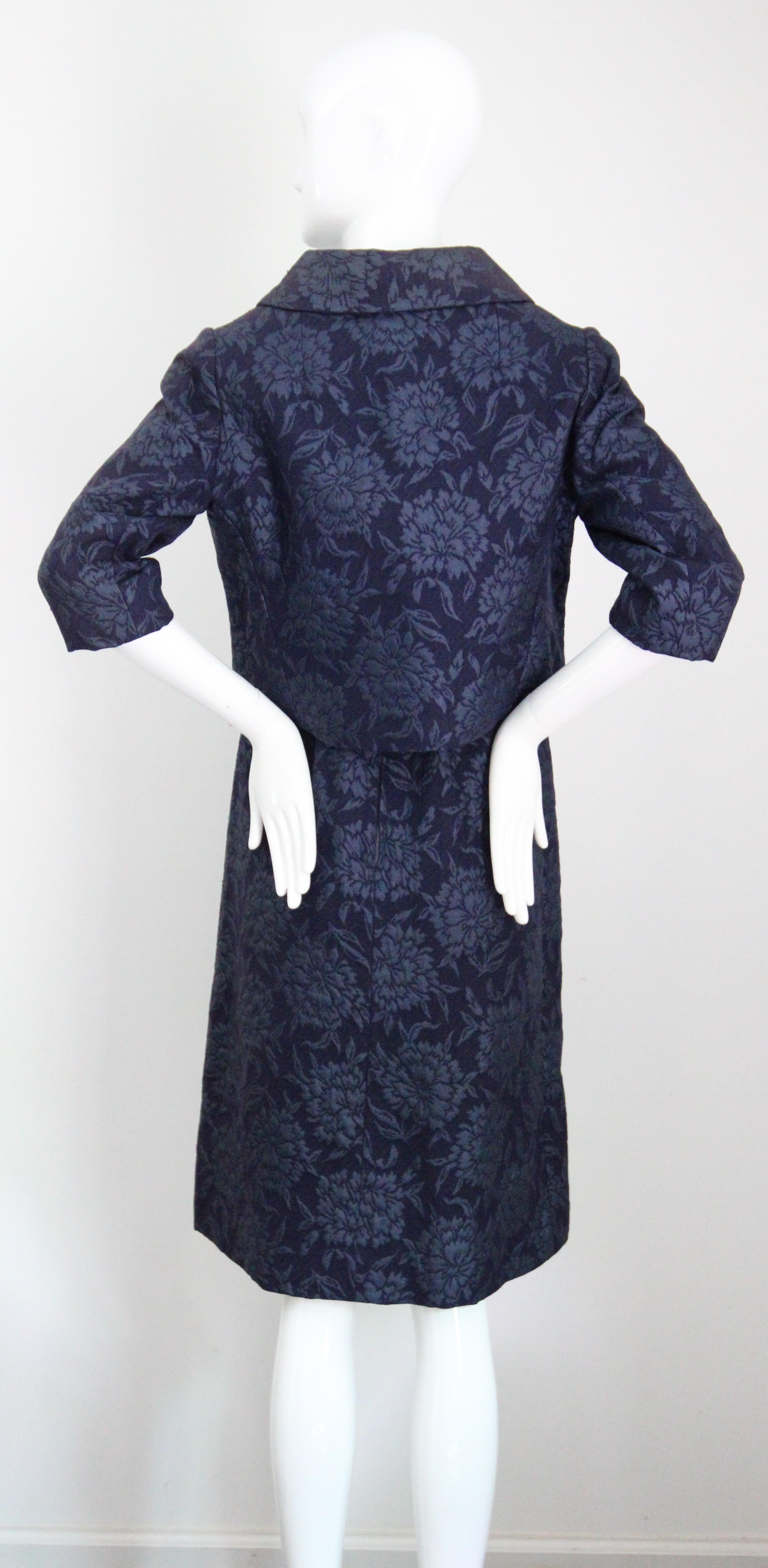 Vintage 1960s Christian Dior Blue Floral Brocade Dress and Jacket Set UK 8 US 4 5