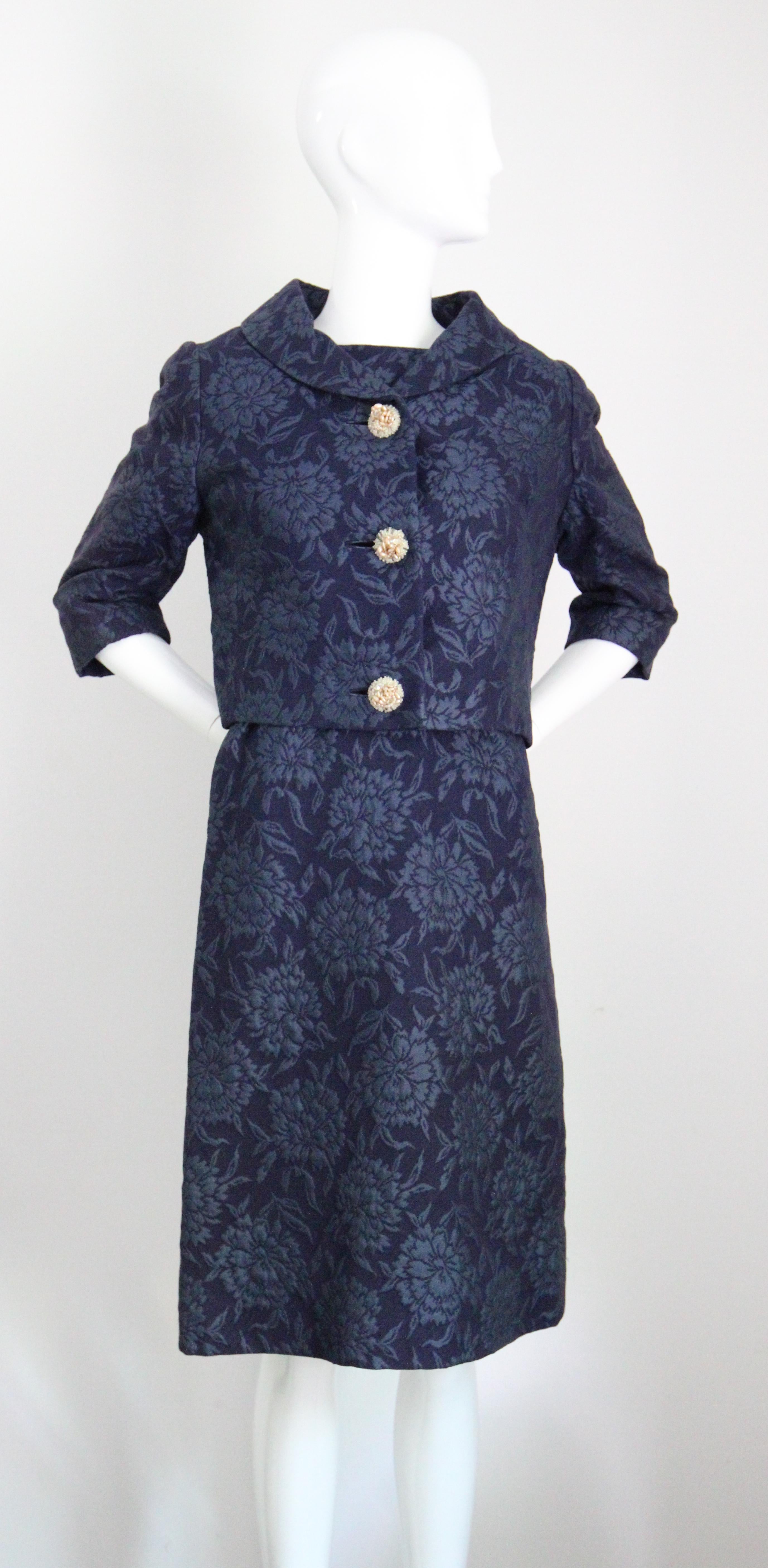 Vintage 1960s Christian Dior Blue Floral Brocade Dress and Jacket Set UK 8 US 4 6