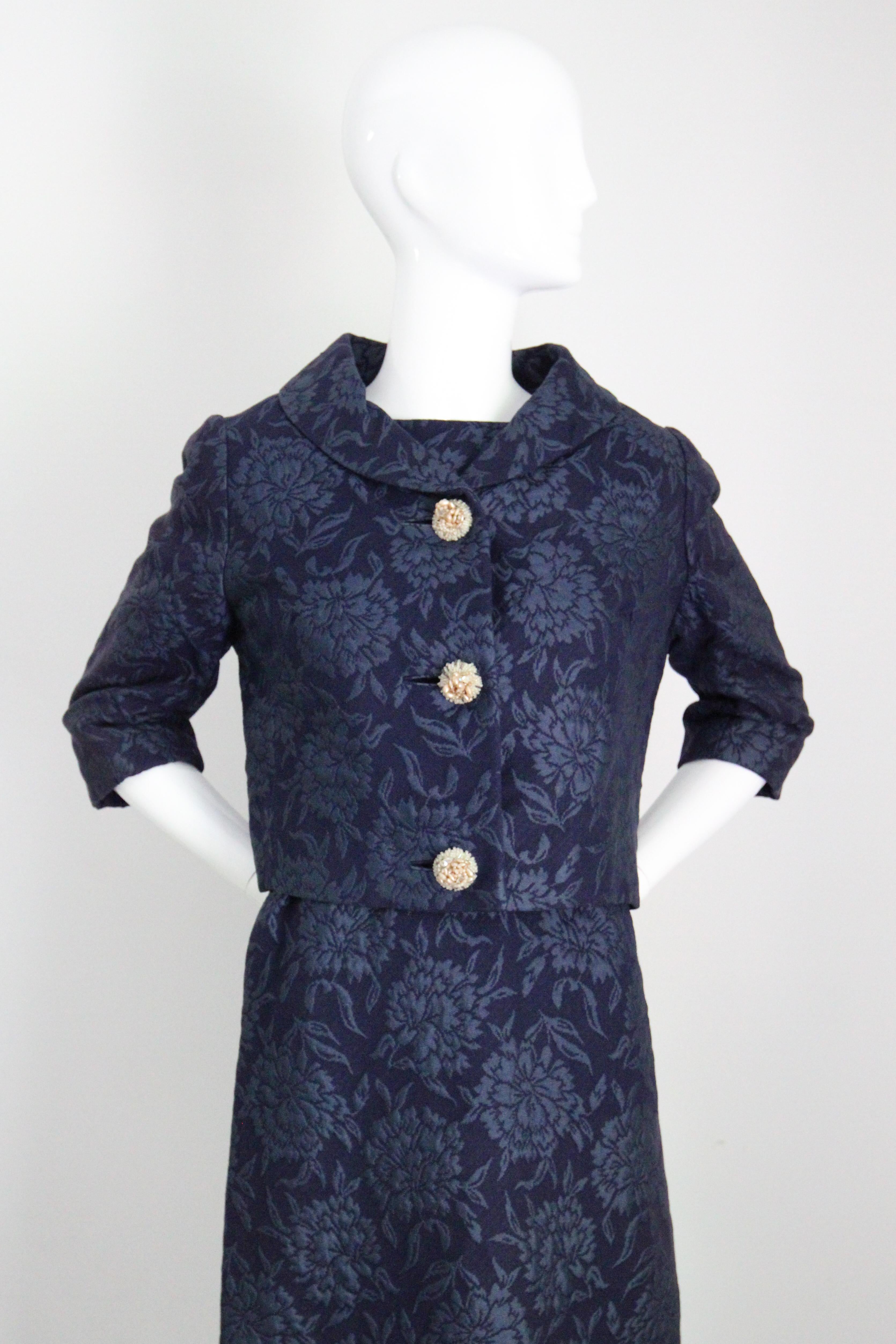 Vintage 1960s Christian Dior Blue Floral Brocade Dress and Jacket Set UK 8 US 4 7
