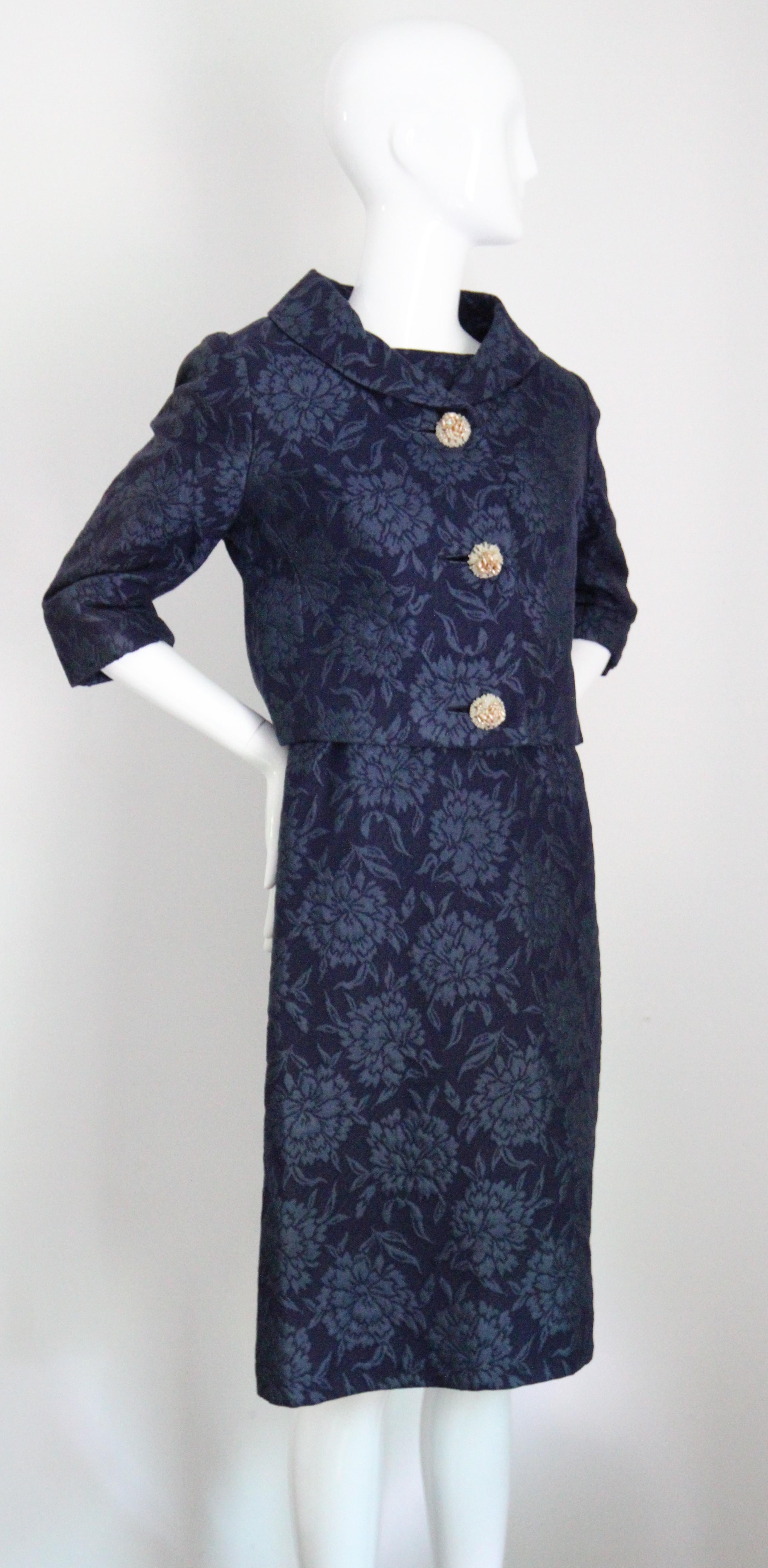 Vintage 1960s Christian Dior Blue Floral Brocade Dress and Jacket Set UK 8 US 4 9