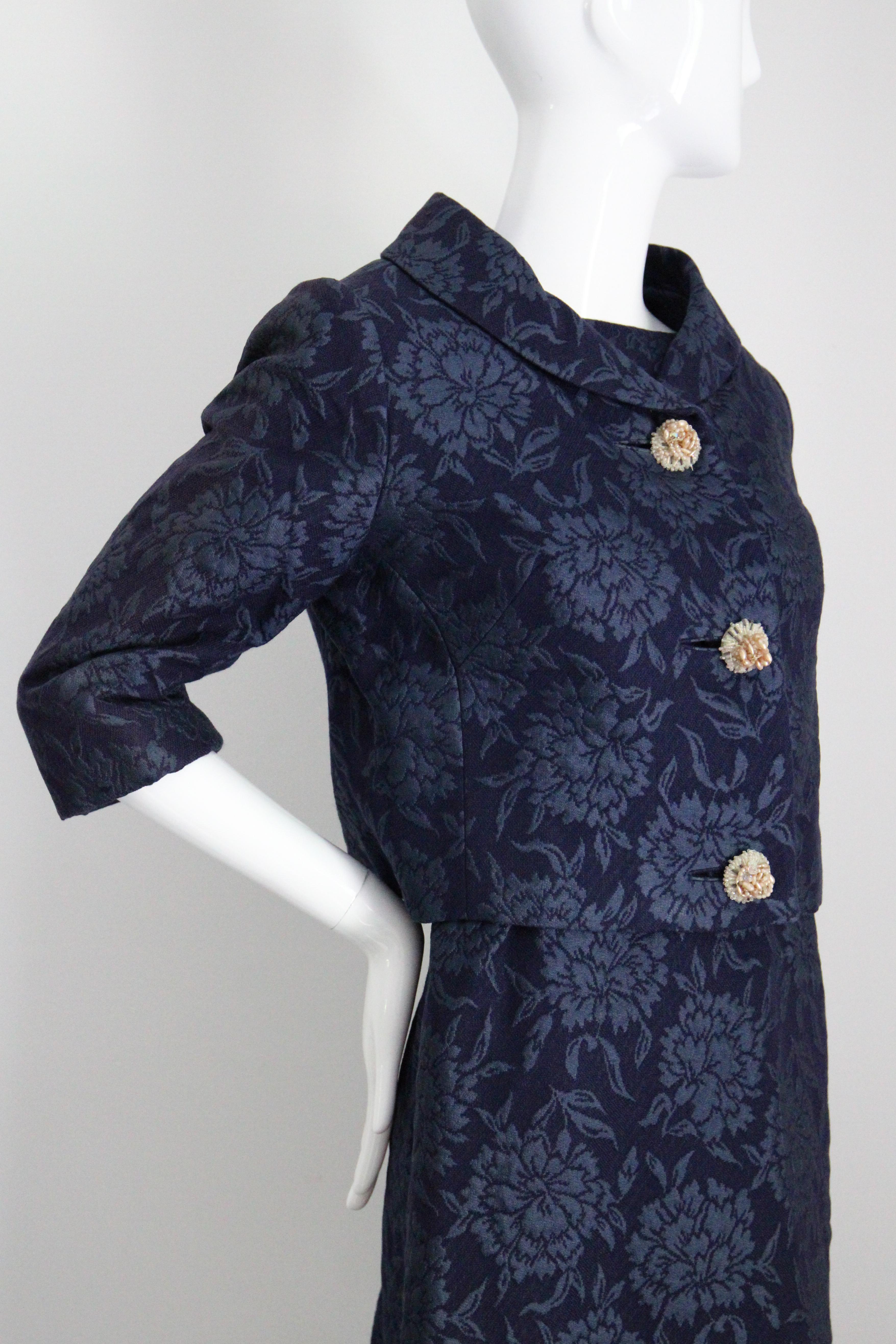 Vintage 1960s Christian Dior Blue Floral Brocade Dress and Jacket Set UK 8 US 4 10