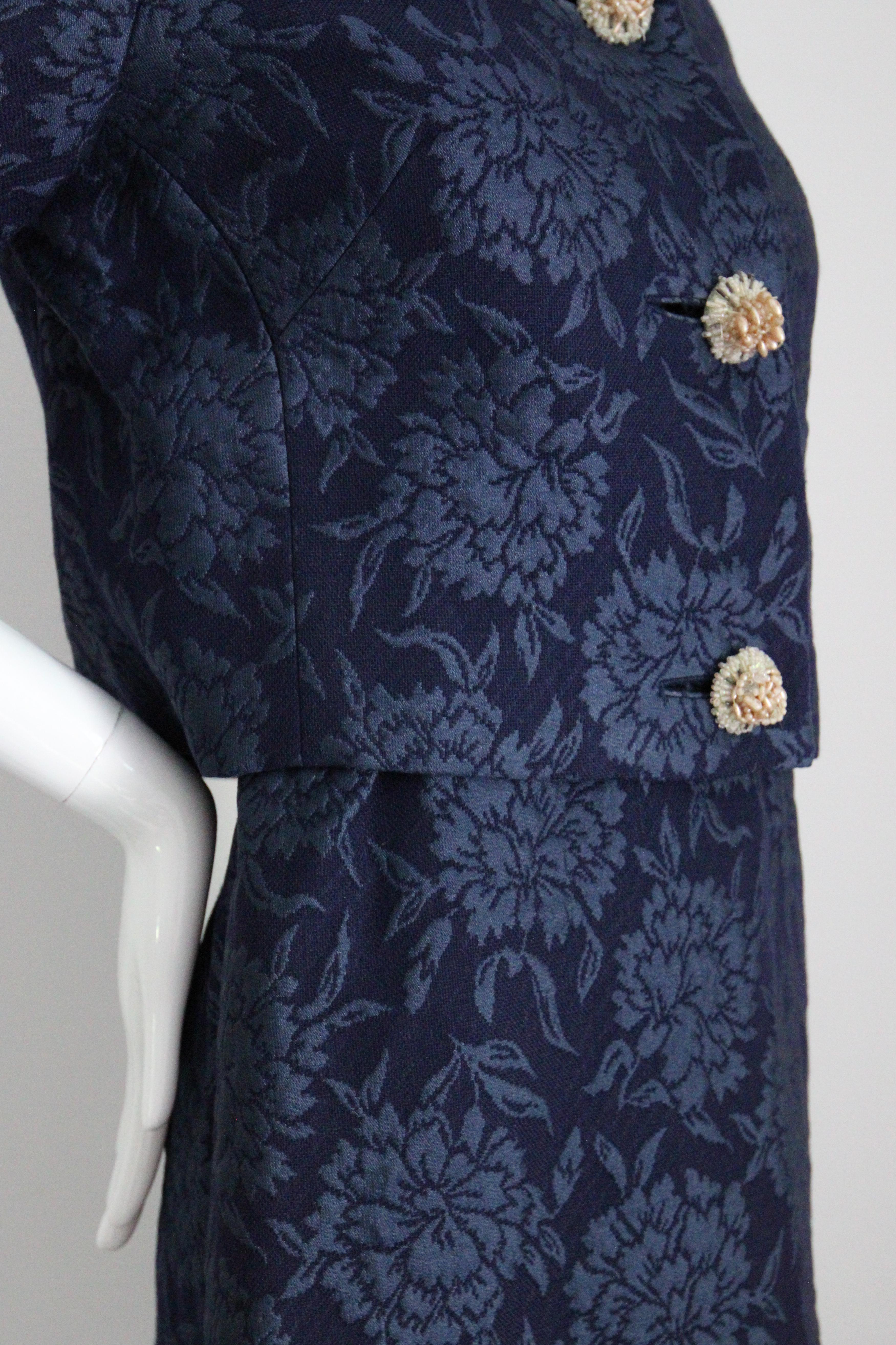Vintage 1960s Christian Dior Blue Floral Brocade Dress and Jacket Set UK 8 US 4 11