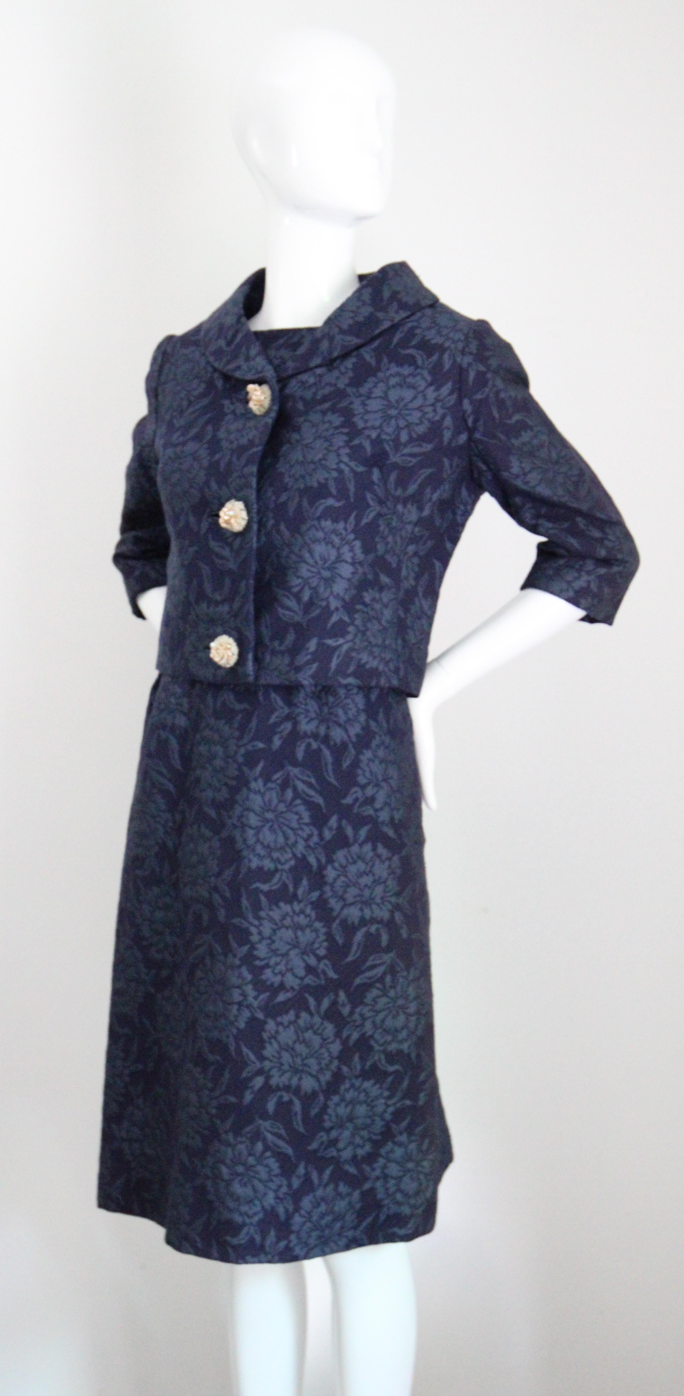 Vintage 1960s Christian Dior Blue Floral Brocade Dress and Jacket Set UK 8 US 4 12