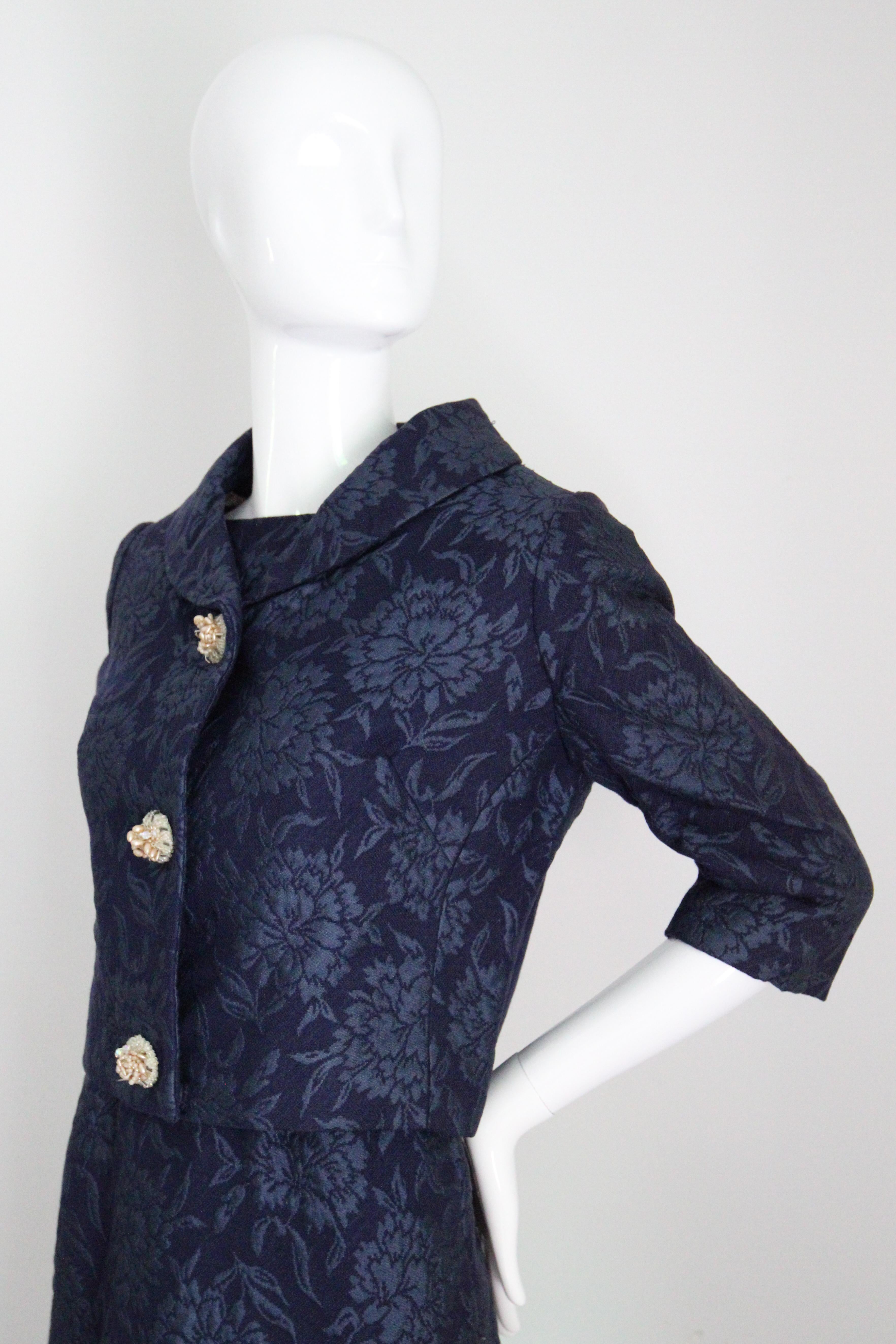 Vintage 1960s Christian Dior Blue Floral Brocade Dress and Jacket Set UK 8 US 4 13