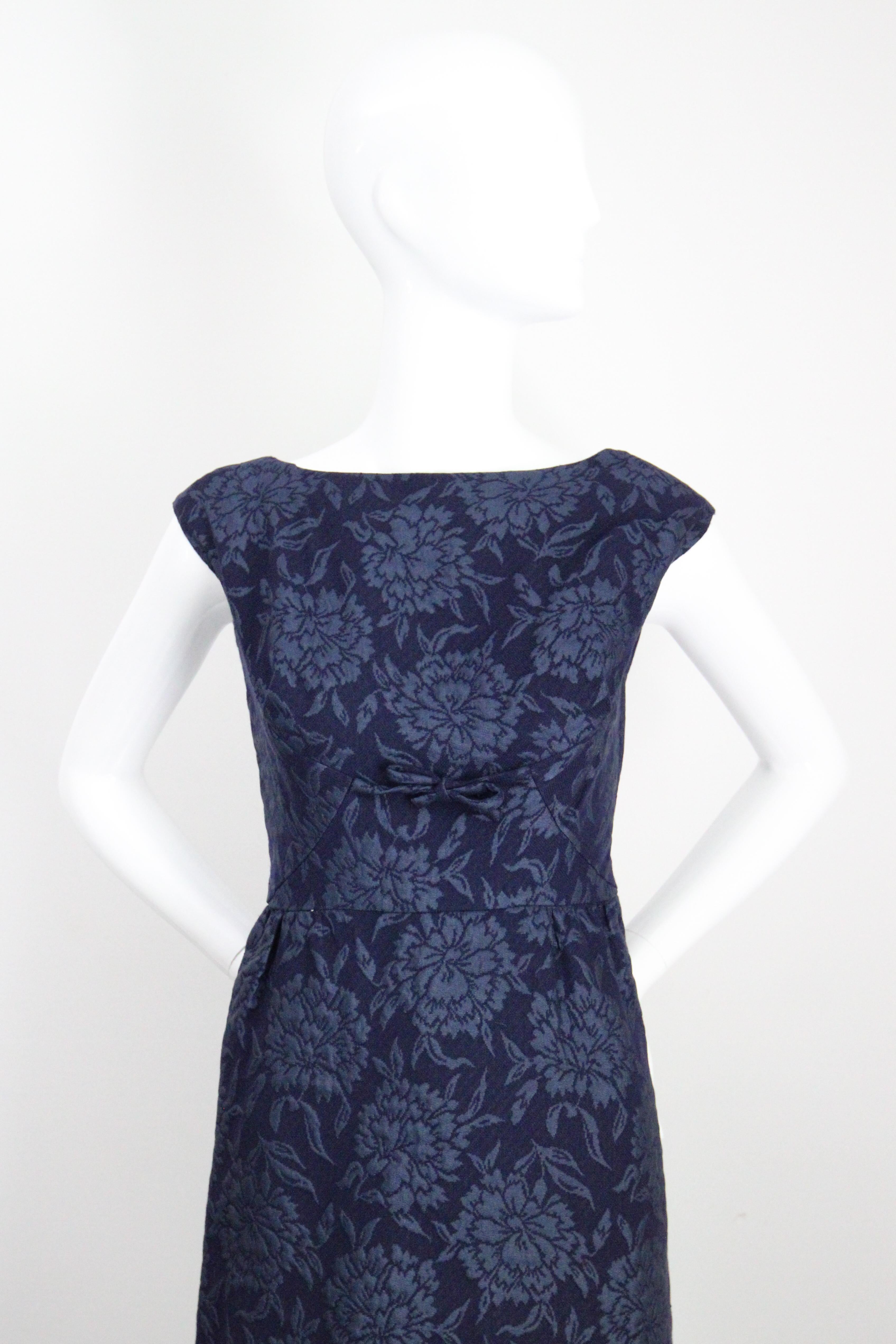 Black Vintage 1960s Christian Dior Blue Floral Brocade Dress and Jacket Set UK 8 US 4