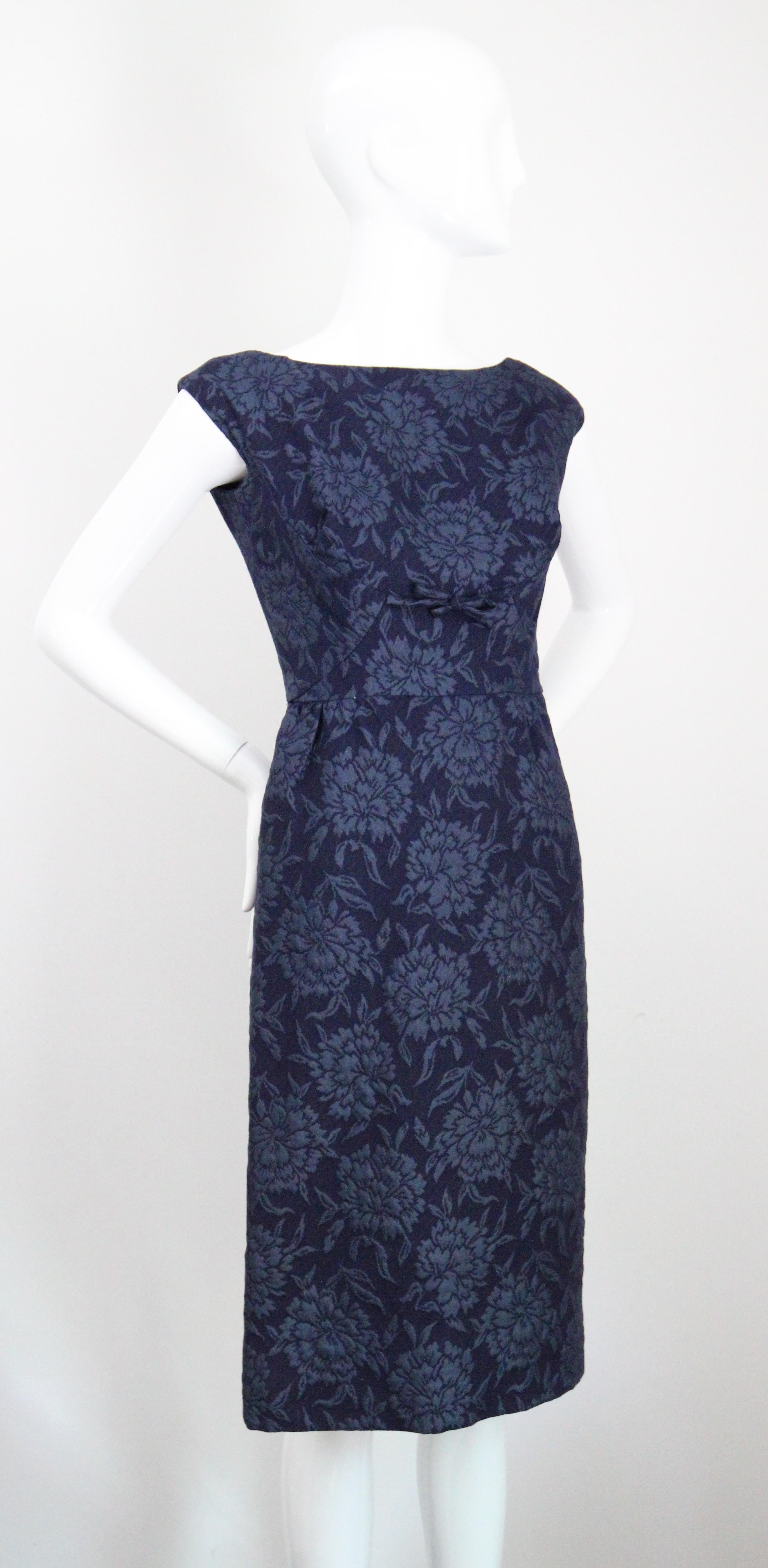 Women's or Men's Vintage 1960s Christian Dior Blue Floral Brocade Dress and Jacket Set UK 8 US 4