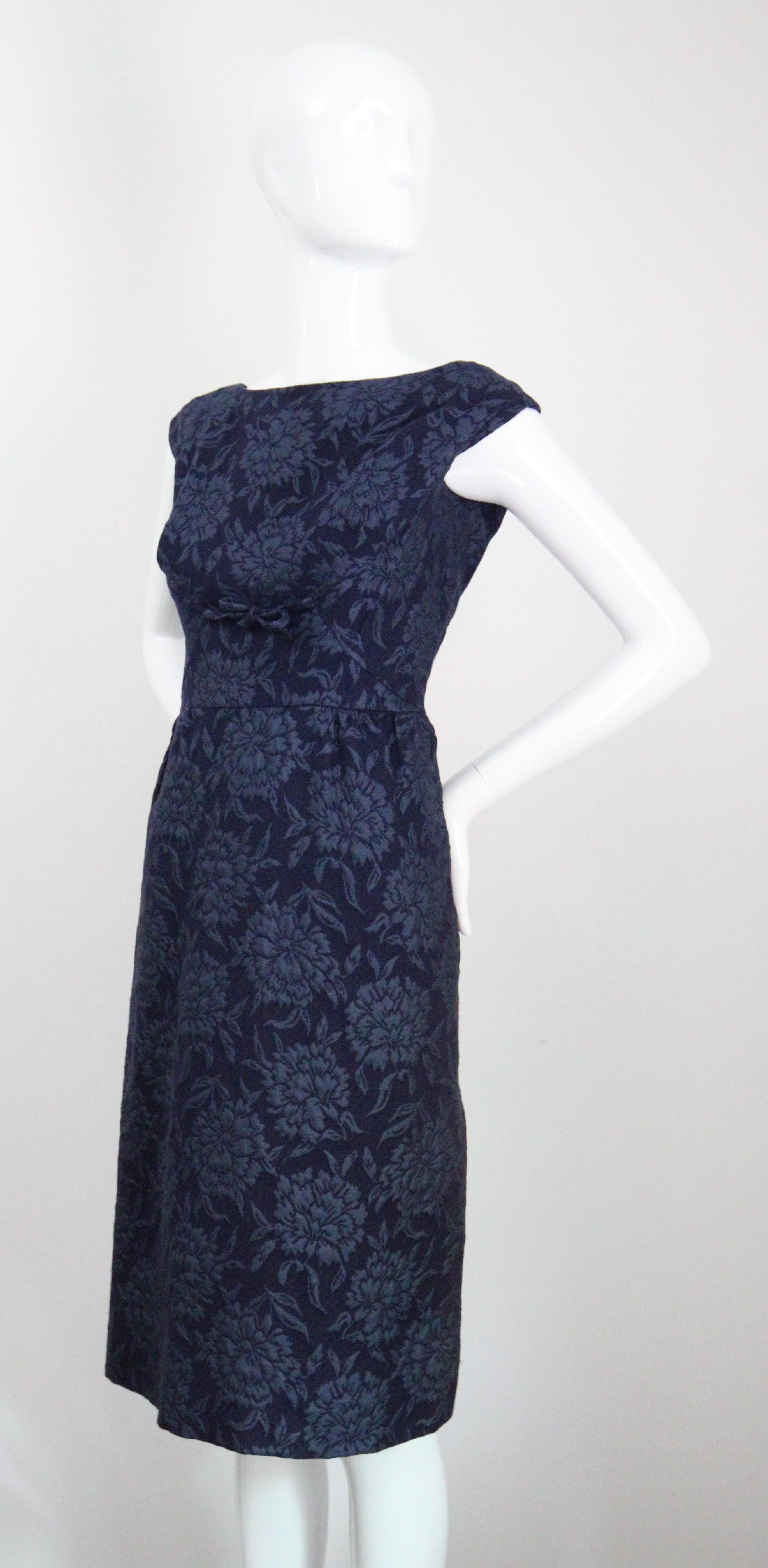 Vintage 1960s Christian Dior Blue Floral Brocade Dress and Jacket Set UK 8 US 4 2