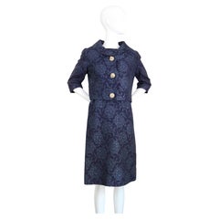 Vintage 1960s Christian Dior Blue Floral Brocade Dress and Jacket Set UK 8 US 4