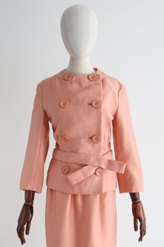 Vintage 1960's Christian Dior Peach Pink Silk Skirt Suit UK 6 US 2