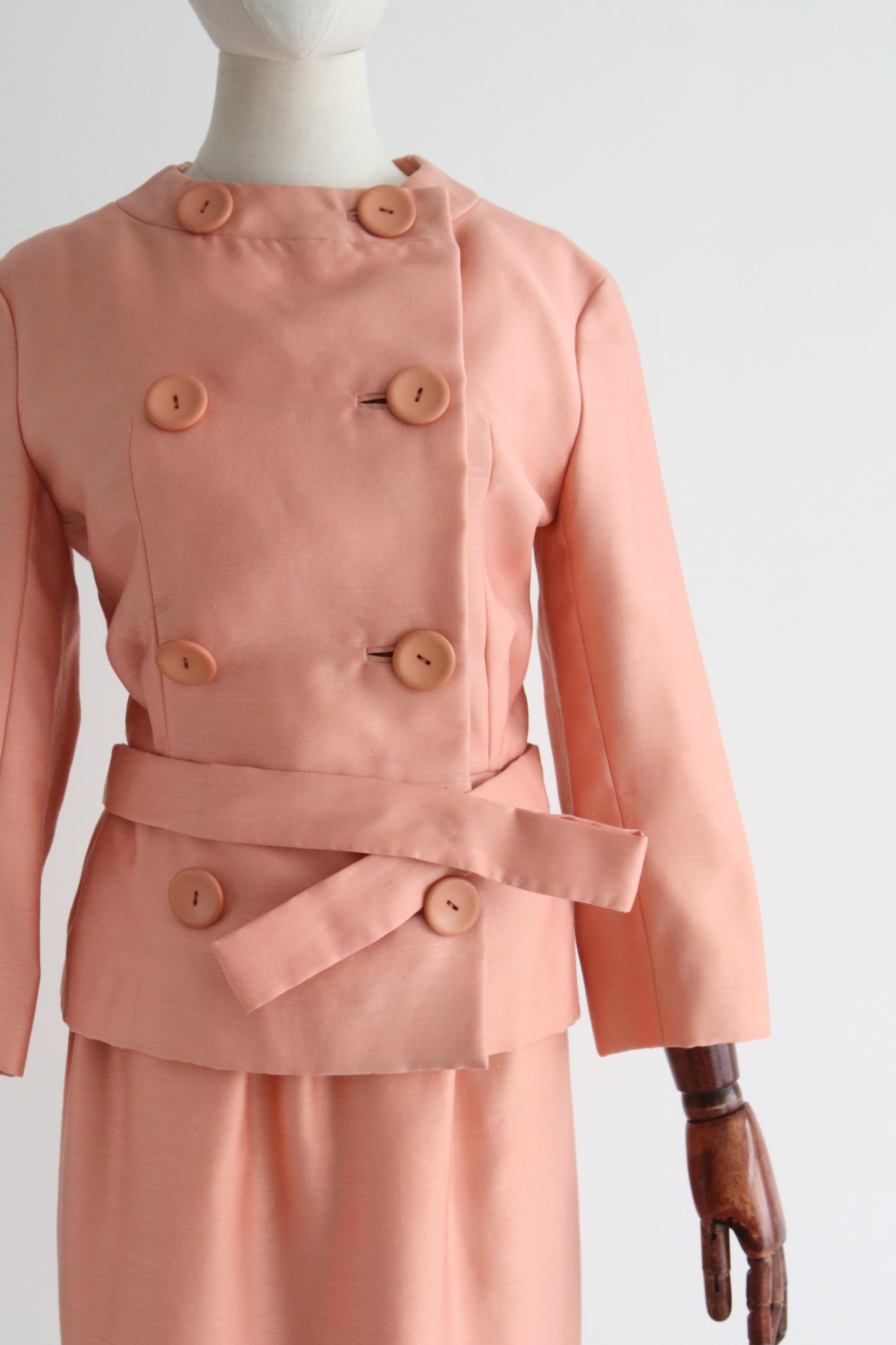Vintage 1960's Christian Dior Peach Pink Silk Skirt Suit UK 6 US 2 In Good Condition For Sale In Cheltenham, GB