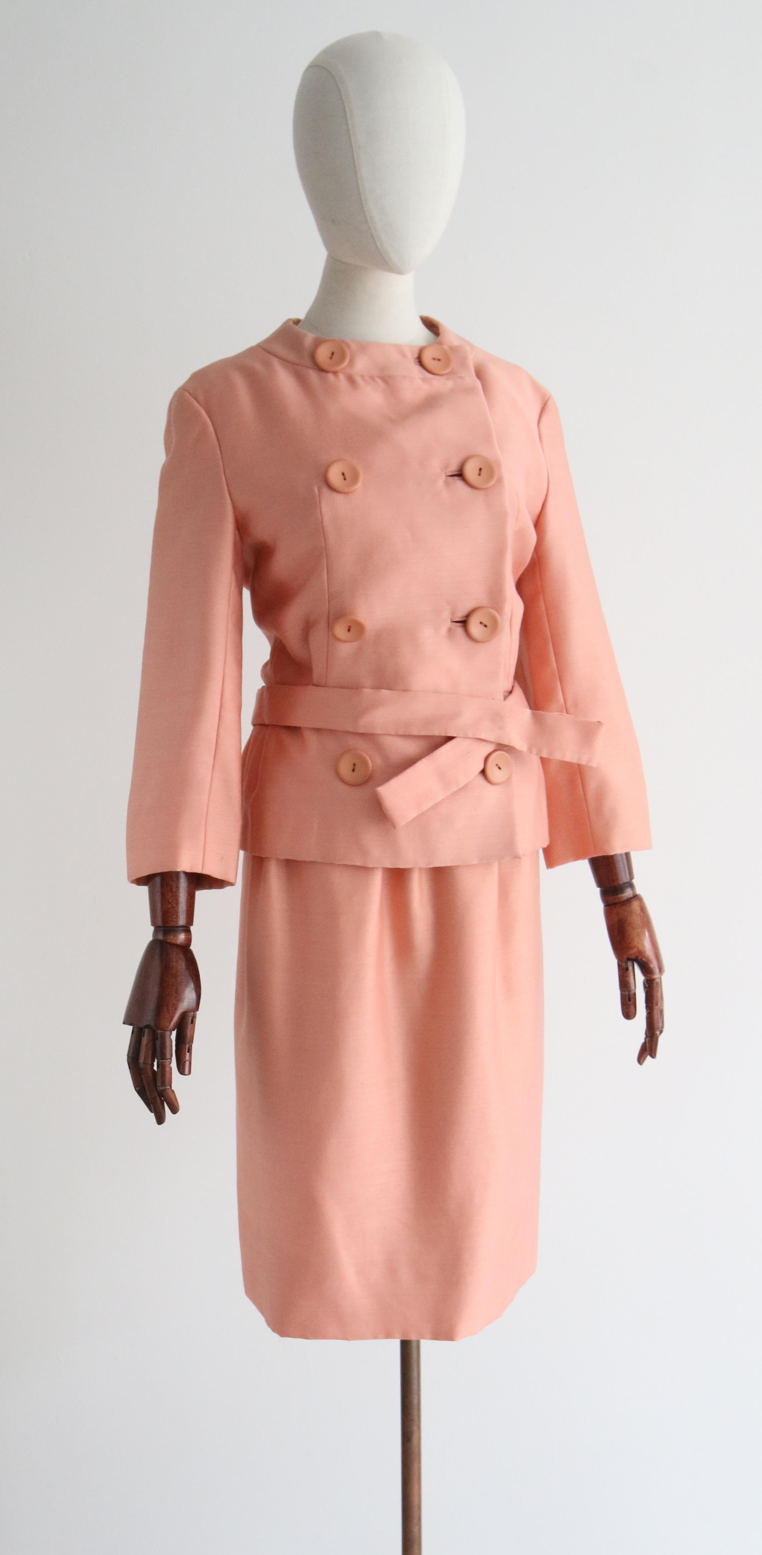 Women's or Men's Vintage 1960's Christian Dior Peach Pink Silk Skirt Suit UK 6 US 2 For Sale