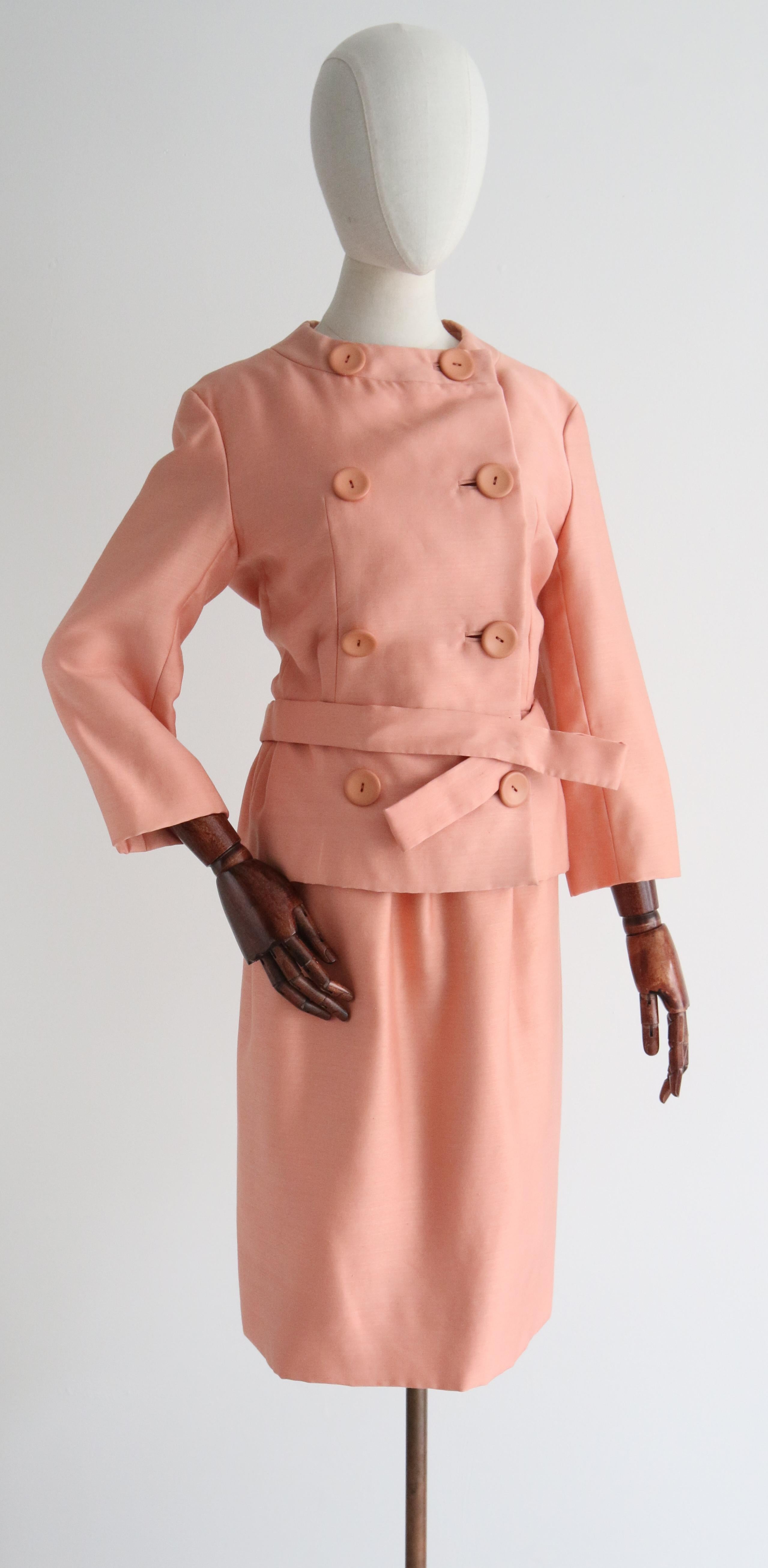 Vintage 1960's Christian Dior Peach Pink Silk Skirt Suit UK 6 US 2 For Sale 1