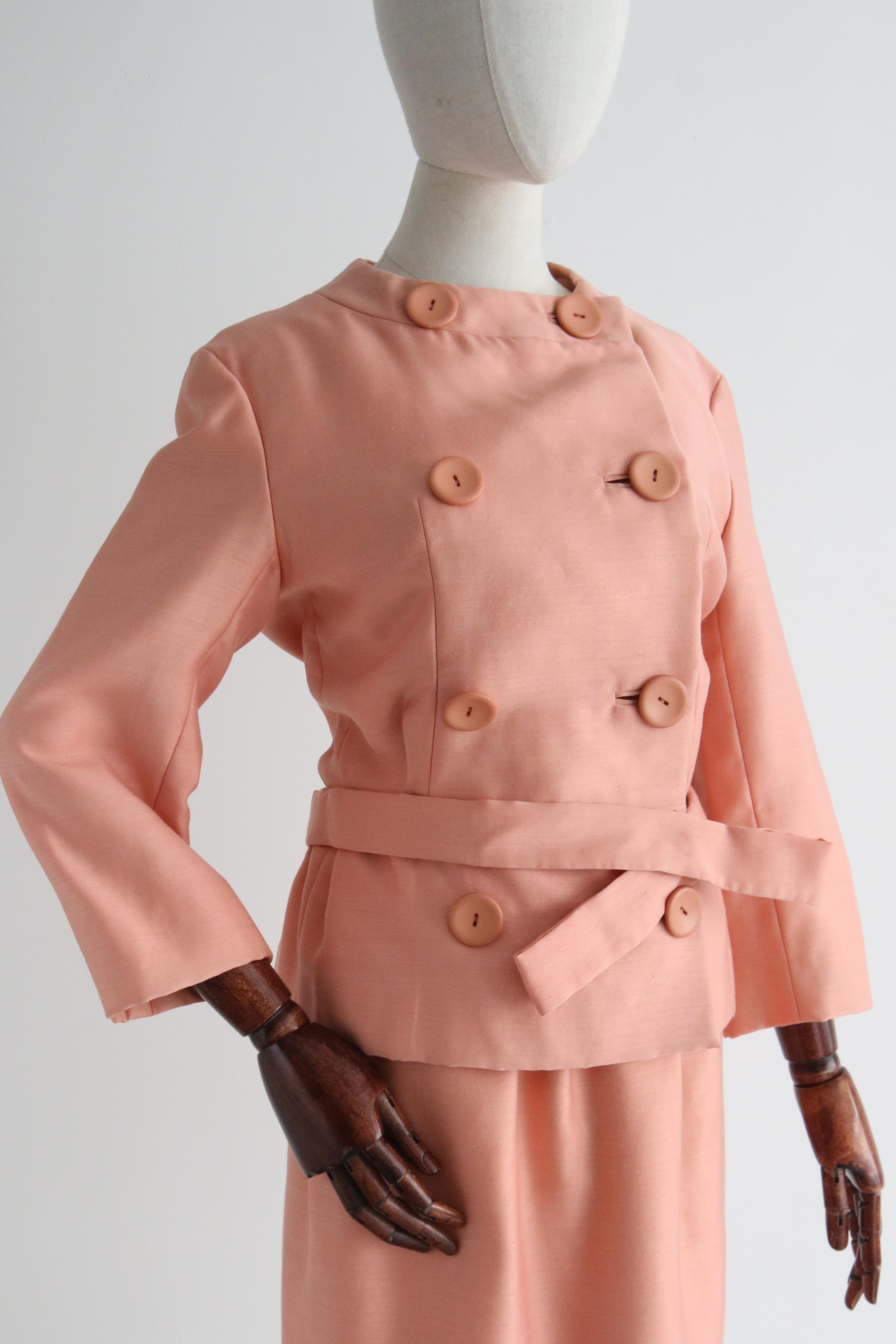 Vintage 1960's Christian Dior Peach Pink Silk Skirt Suit UK 6 US 2 For Sale 2