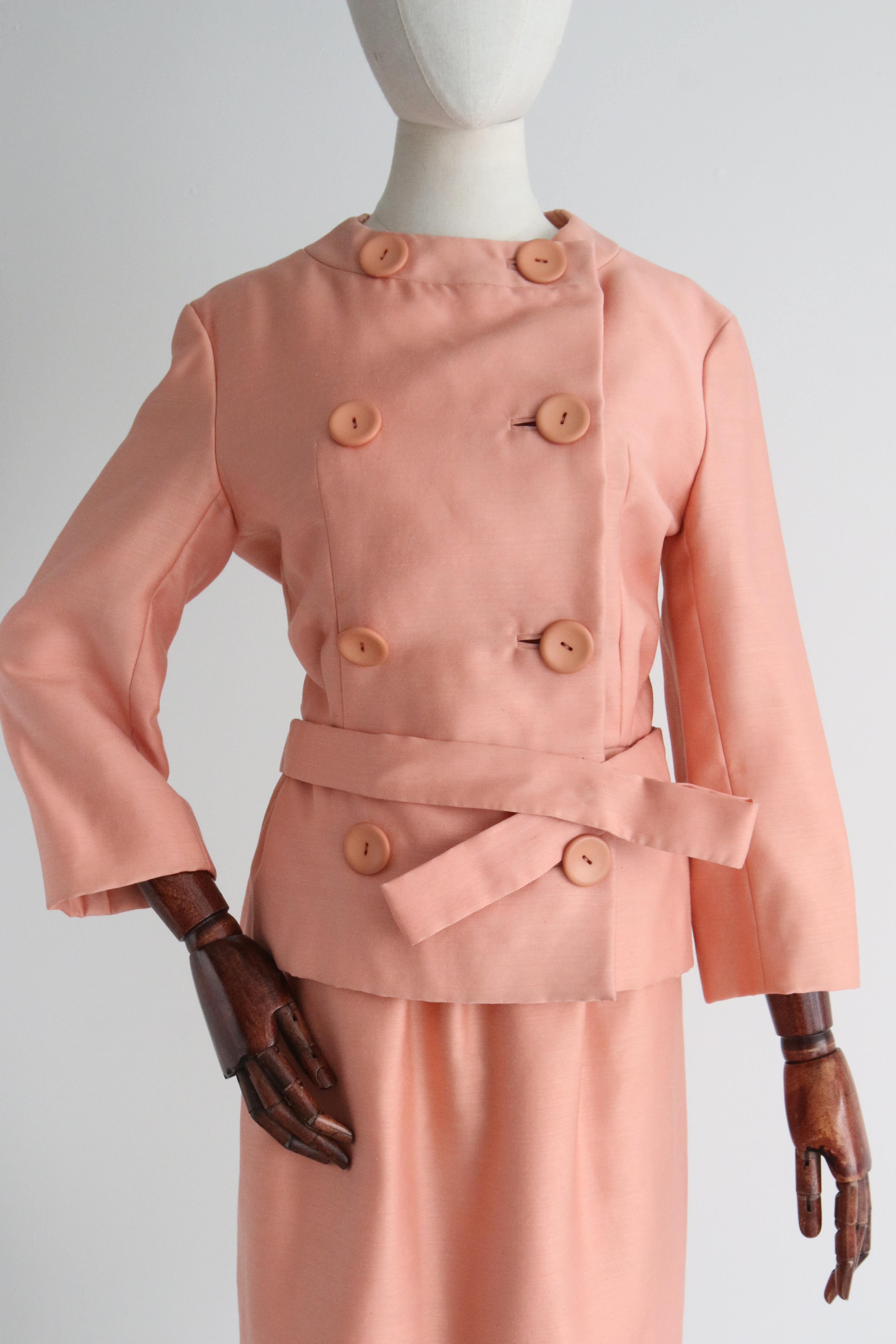 Vintage 1960's Christian Dior Peach Pink Silk Skirt Suit UK 6 US 2 For Sale 3