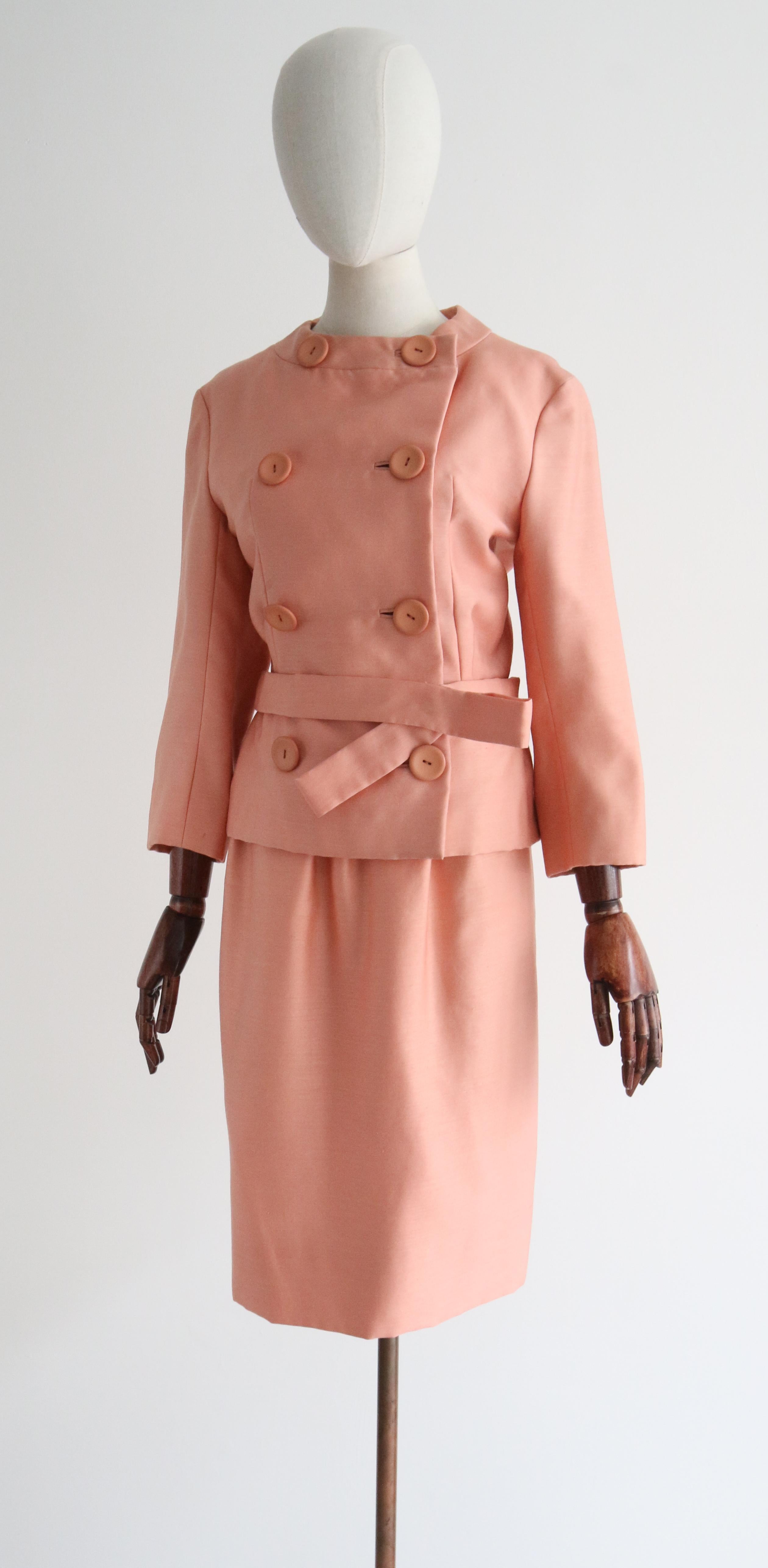 Vintage 1960's Christian Dior Peach Pink Silk Skirt Suit UK 6 US 2 For Sale 4