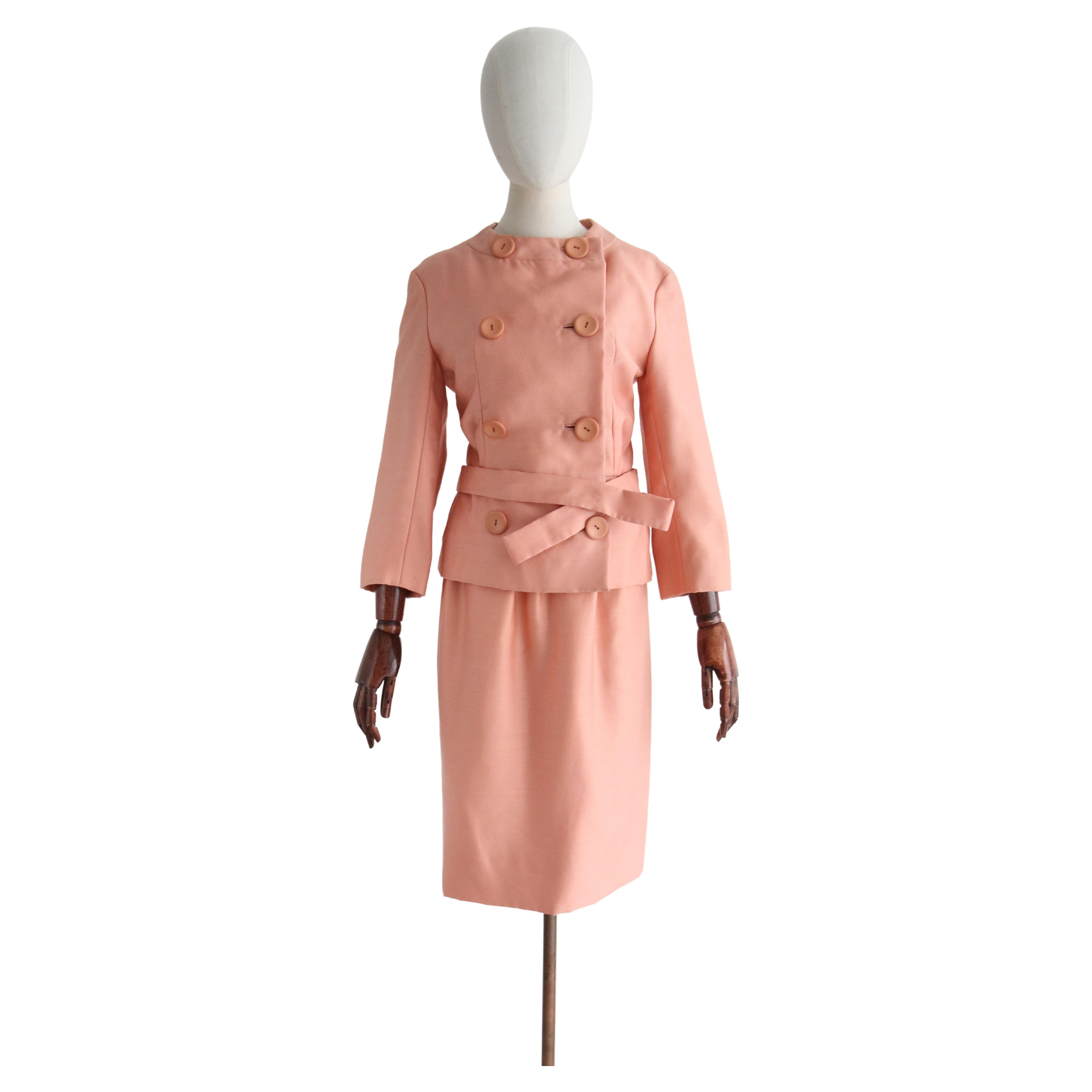 Vintage 1960's Christian Dior Peach Pink Silk Skirt Suit UK 6 US 2 For Sale