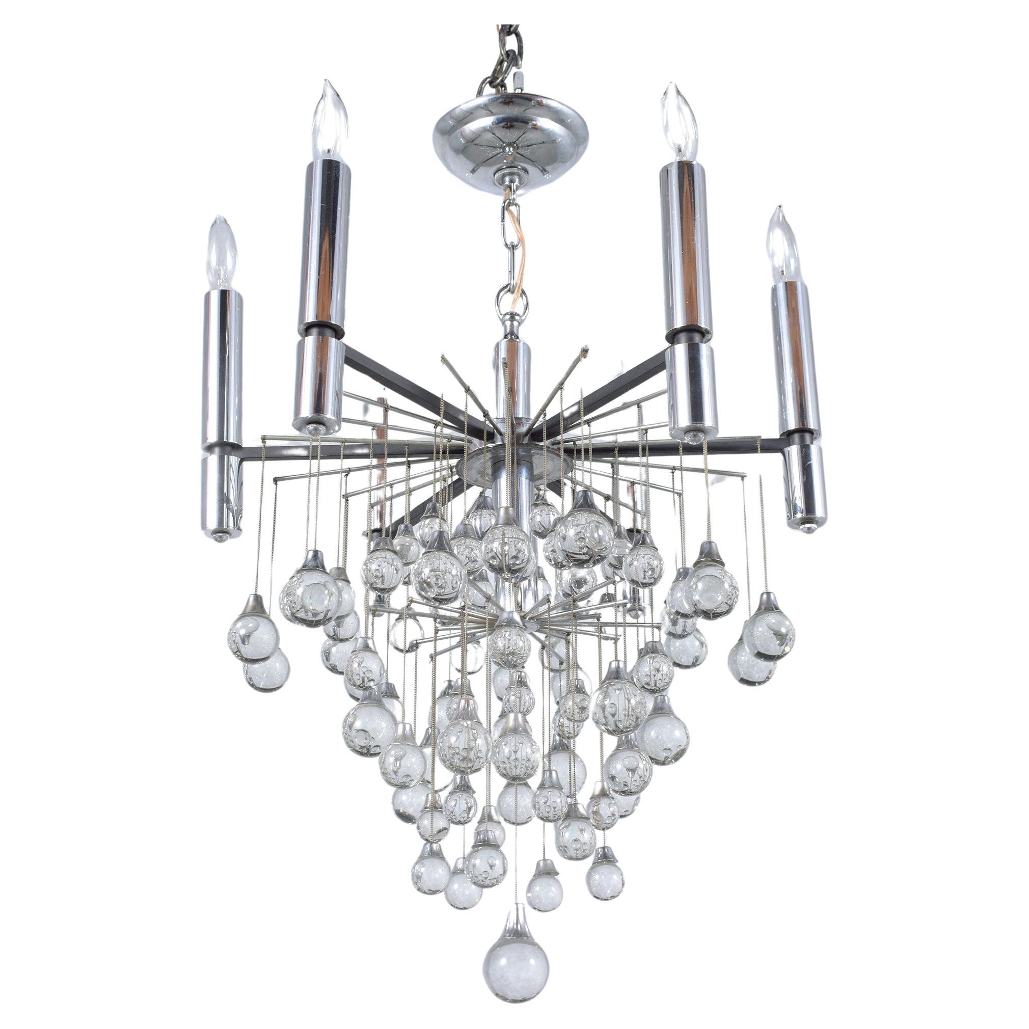 Vintage 1960s Chrome Chandelier with Glass Drop Spheres Fully