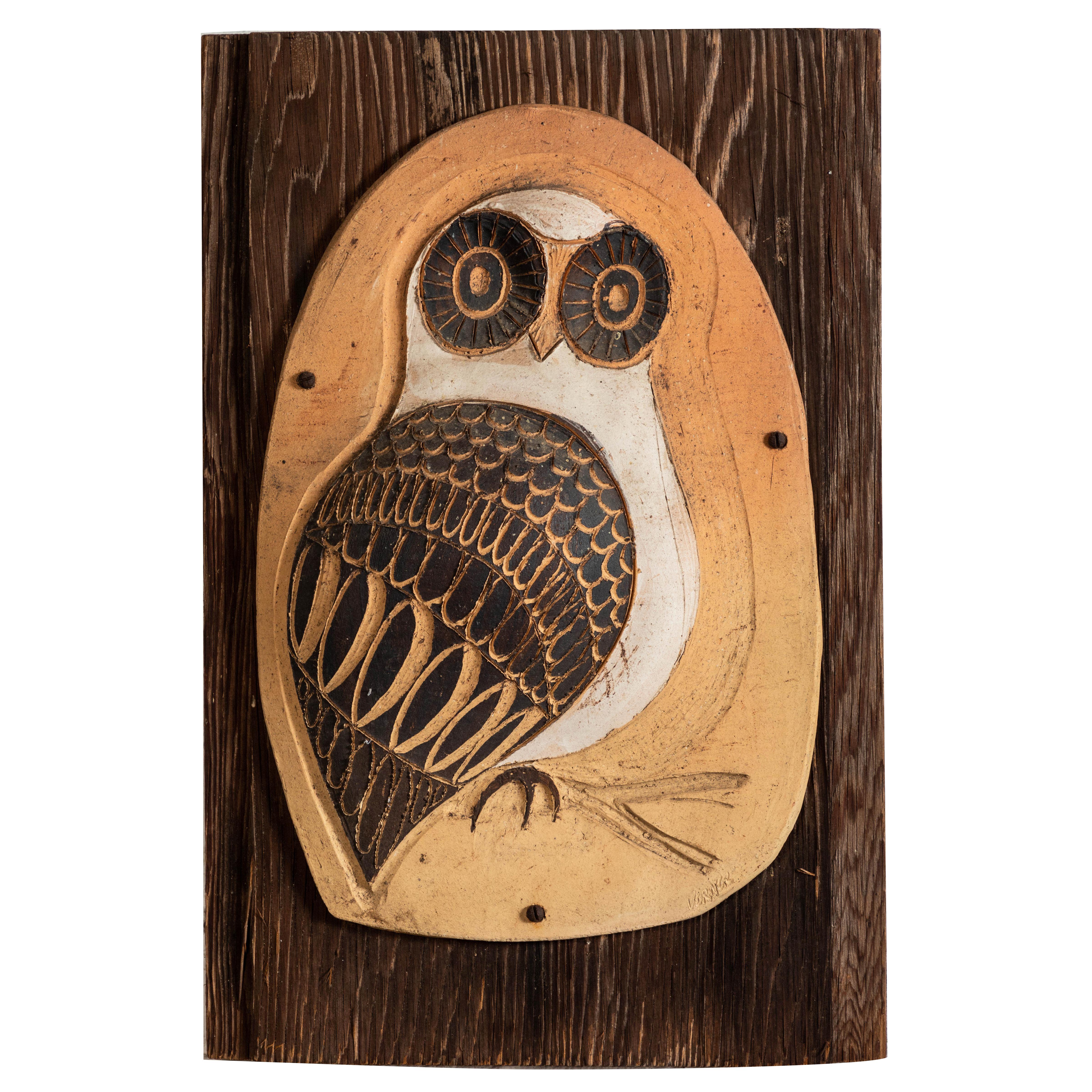 Vintage 1960s Clay and Wood Owl Wall Art by Verner For Sale