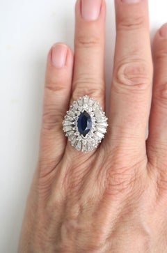 Vintage Cocktail Ring Faux Diamonds Sapphire Gold Vermeil, circa 1960s 1970s