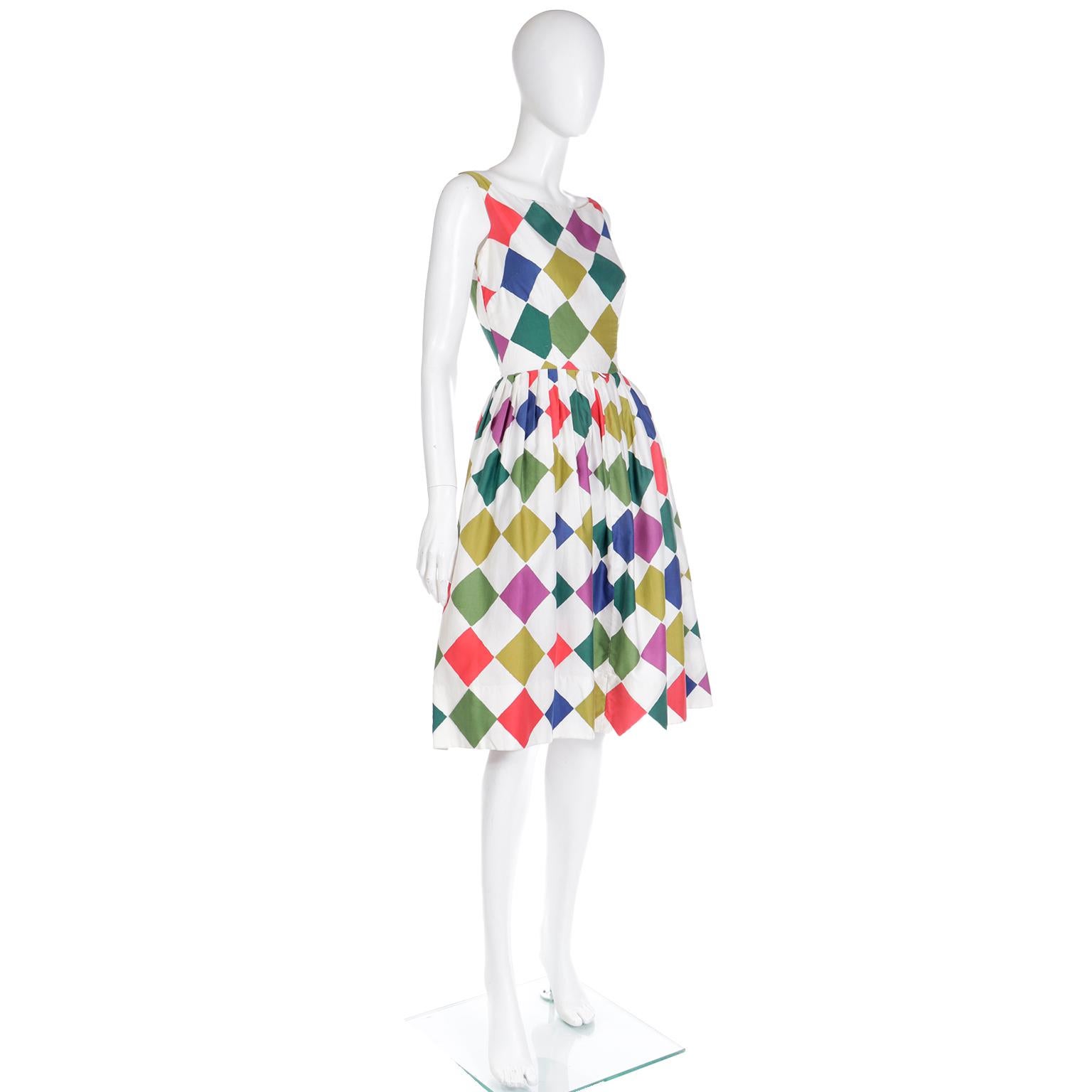 Vintage 1960s Colorful Harlequin Diamond Print Summer Dress In Excellent Condition For Sale In Portland, OR