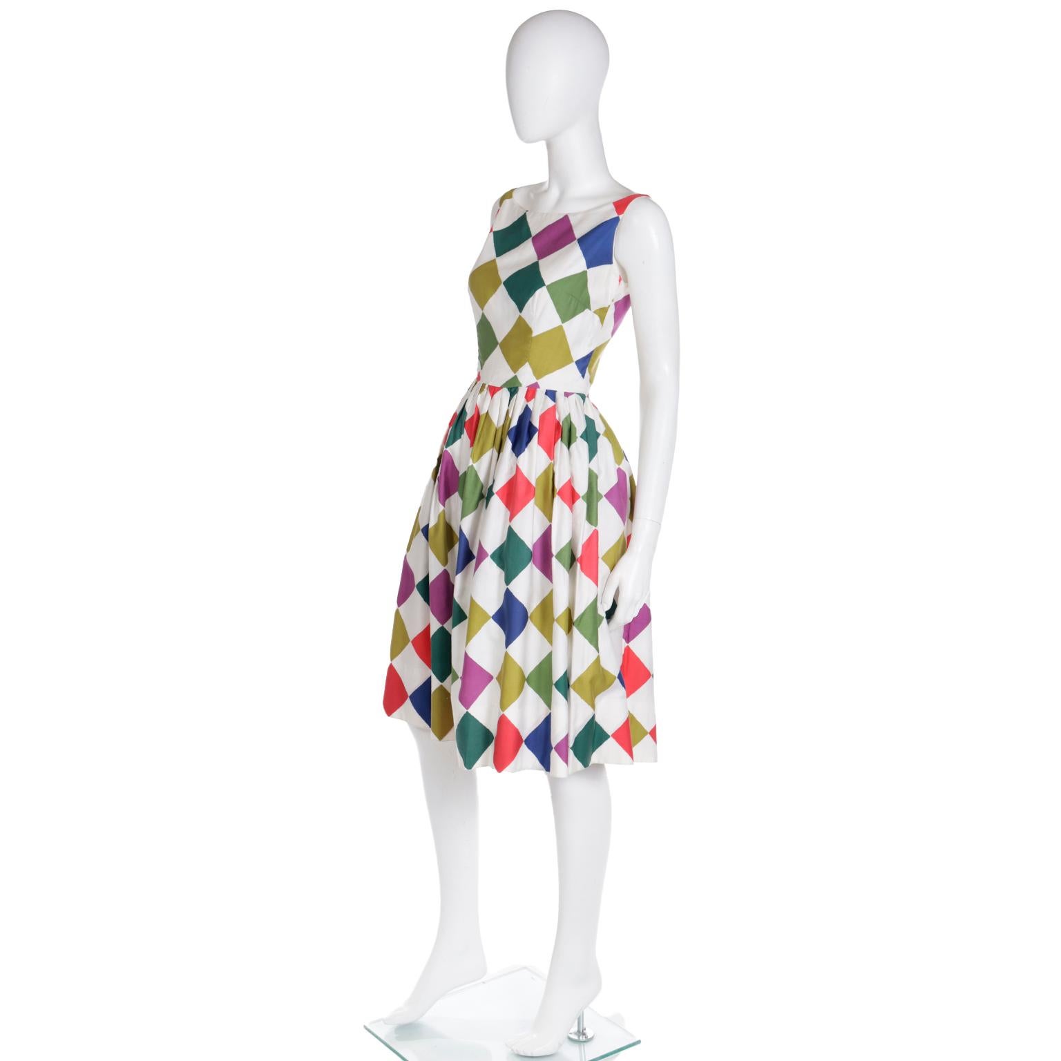 Vintage 1960s Colorful Harlequin Diamond Print Summer Dress For Sale 1
