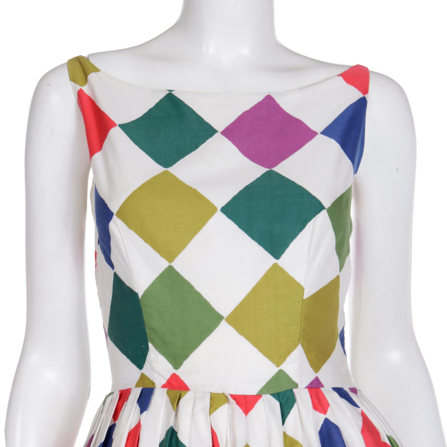 Vintage 1960s Colorful Harlequin Diamond Print Summer Dress For Sale 2