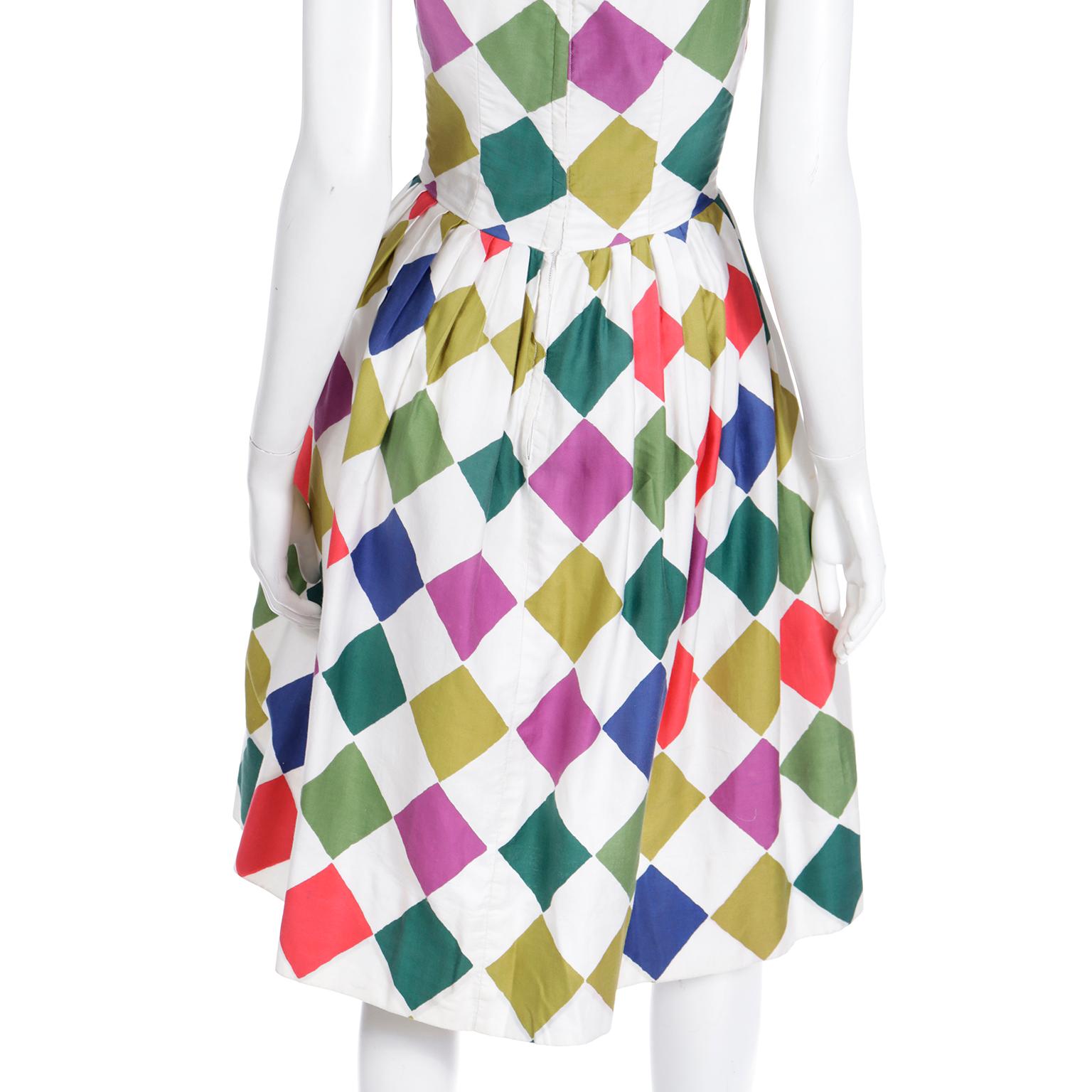 Vintage 1960s Colorful Harlequin Diamond Print Summer Dress For Sale 3