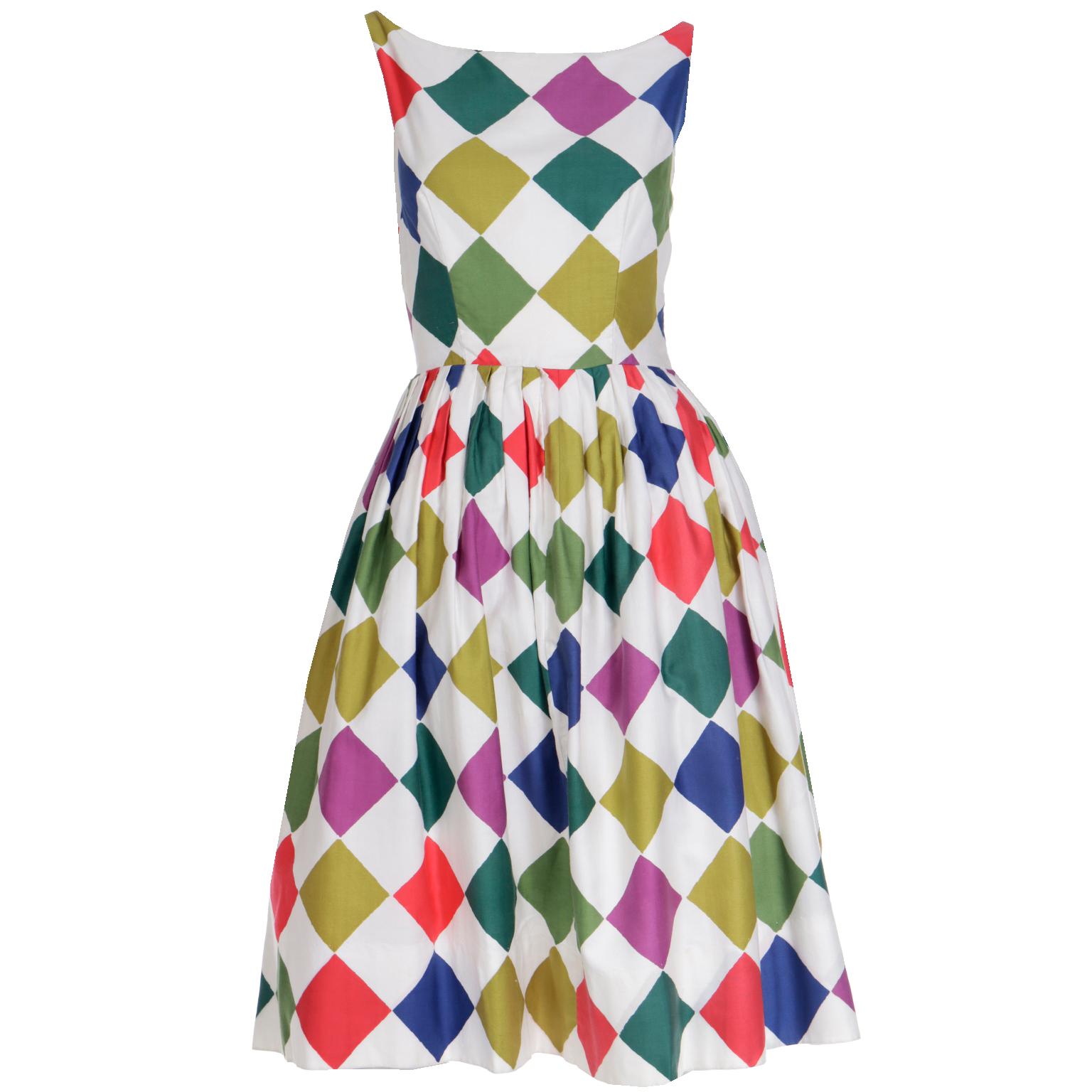 Vintage 1960s Colorful Harlequin Diamond Print Summer Dress For Sale