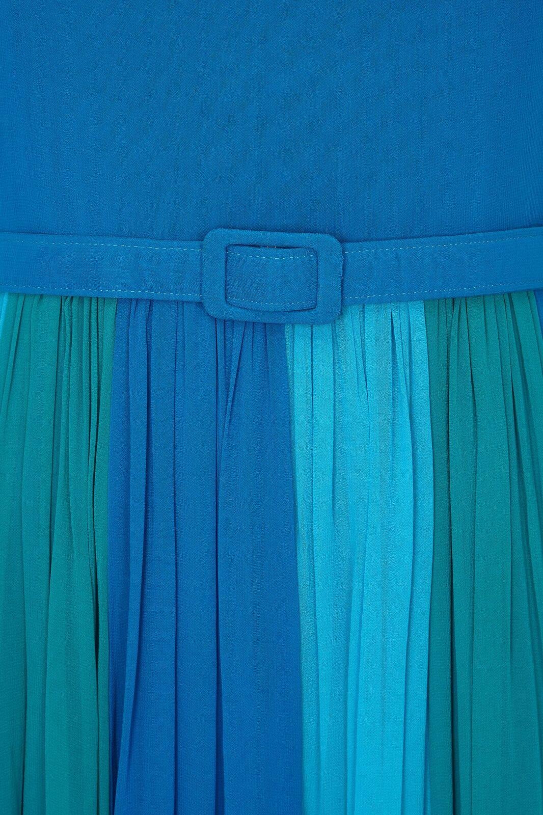 Vintage 1960s Colour Block Blue Silk Chiffon Maxi Dress With Matching Belt In Excellent Condition In London, GB