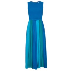 Retro 1960s Colour Block Blue Silk Chiffon Maxi Dress With Matching Belt