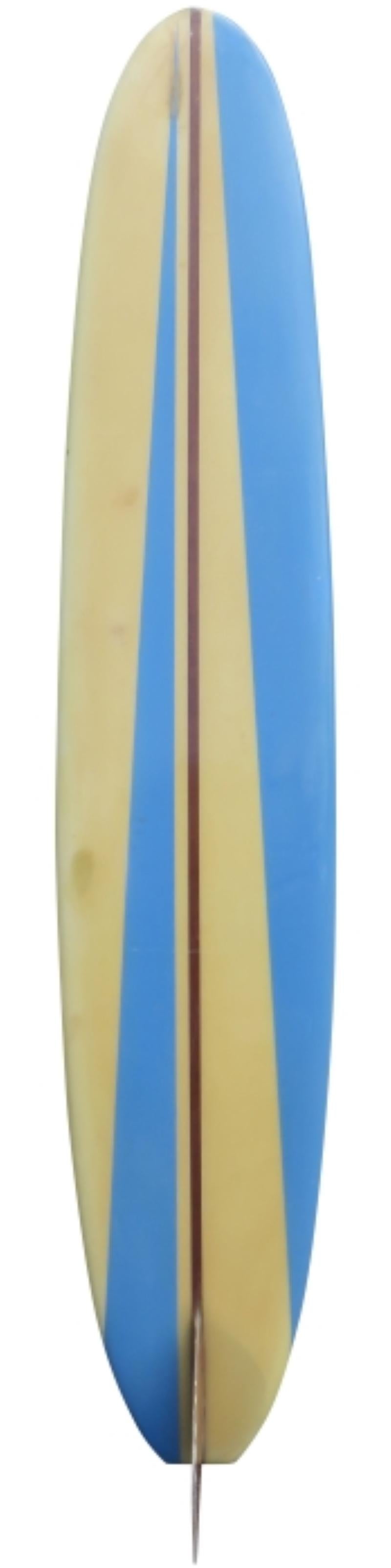 Early 1960s Con Surfboards label longboard. Features bright blue panel designs with gorgeous redwood single fin. A fantastic example of an all original 1960’s vintage longboard made in Santa Monica, California.