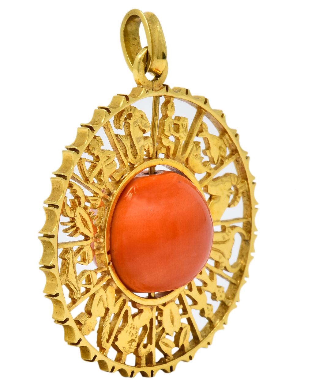 Modernist Vintage 1960s Coral 18 Karat Yellow Gold Zodiac Articulated Pendant