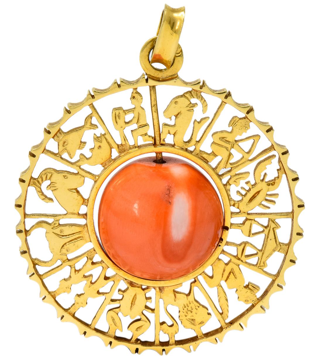 Vintage 1960s Coral 18 Karat Yellow Gold Zodiac Articulated Pendant In Excellent Condition In Philadelphia, PA