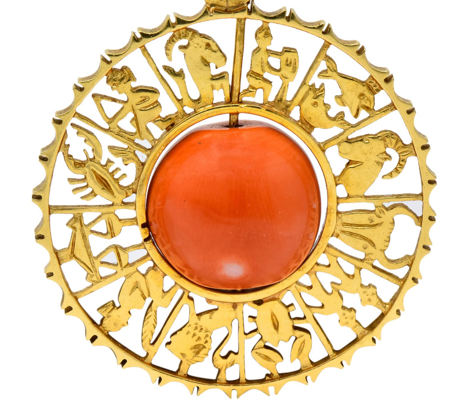 Women's or Men's Vintage 1960s Coral 18 Karat Yellow Gold Zodiac Articulated Pendant